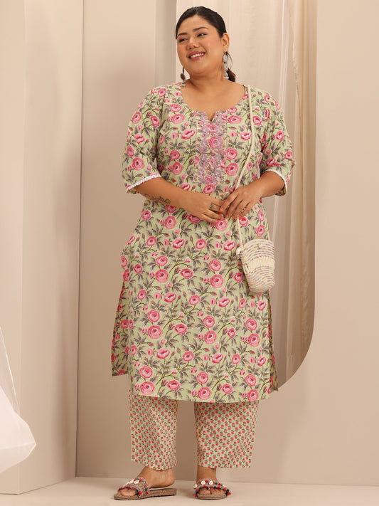 Plus Size Green Printed Cotton Straight Kurta Set
