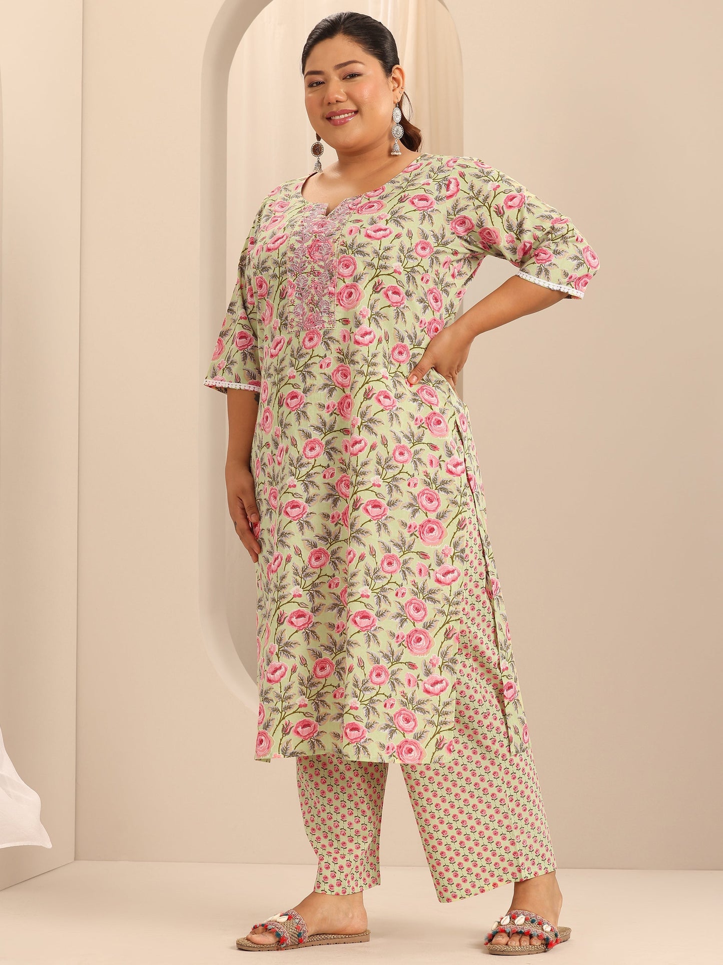 Plus Size Green Printed Cotton Straight Kurta Set