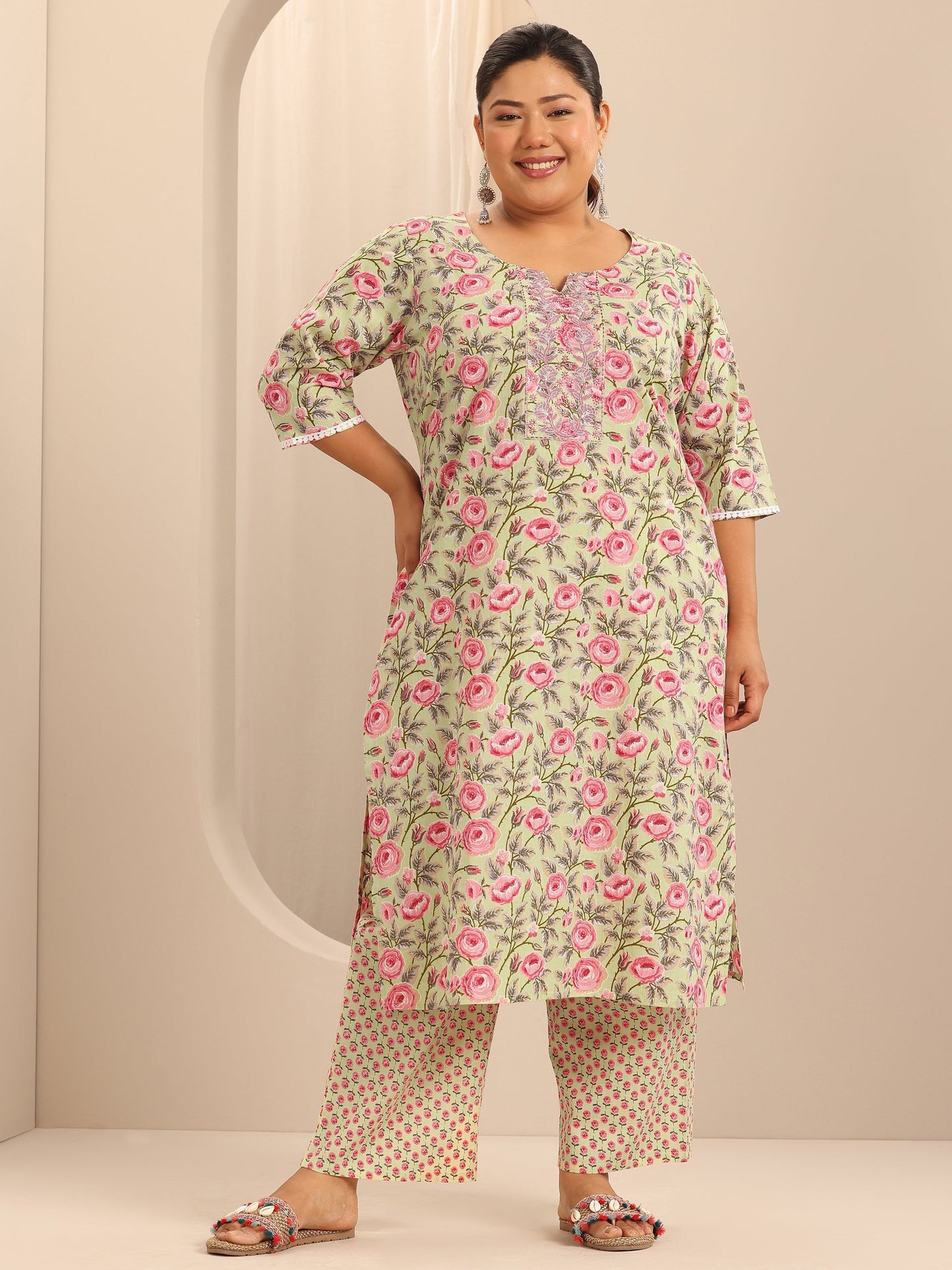 Plus Size Green Printed Cotton Straight Kurta Set