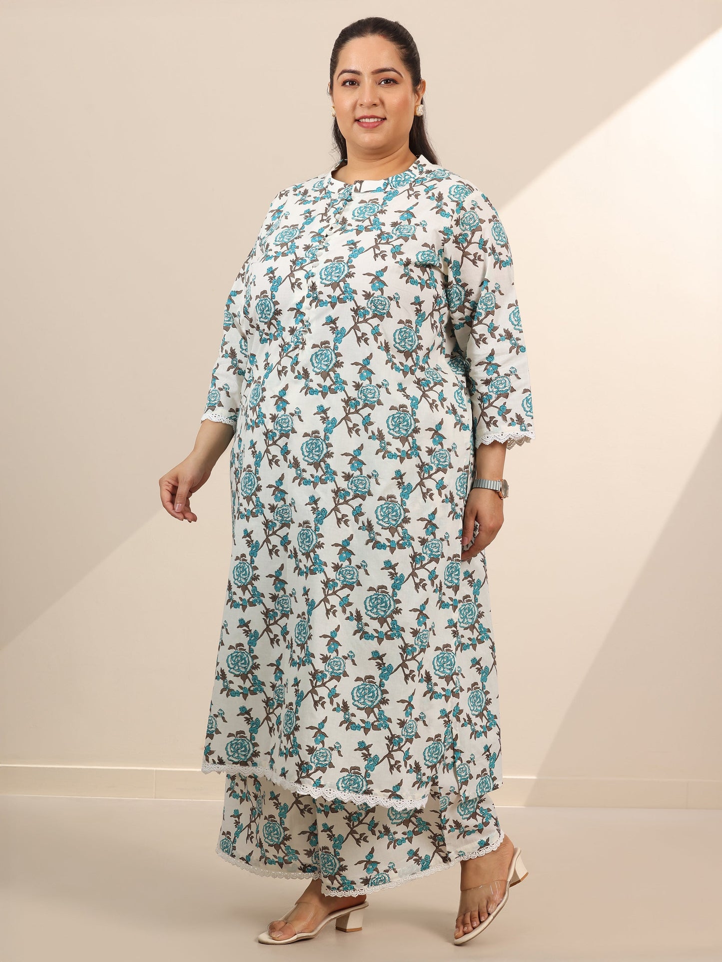 Plus Size Off White Printed Cotton Straight Kurta Set