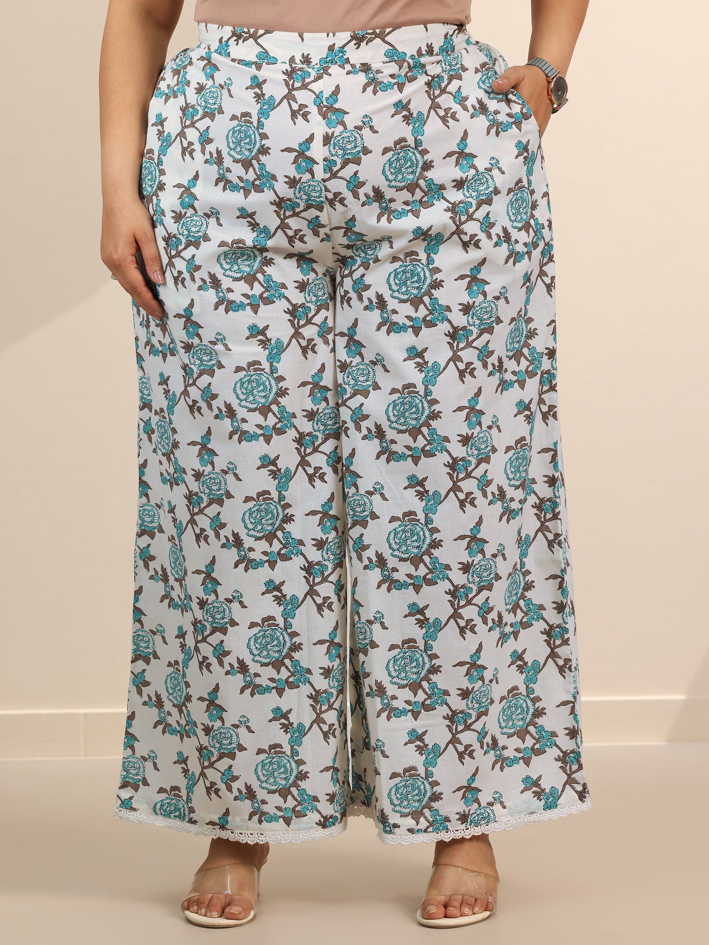 Plus Size Off White Printed Cotton Straight Kurta Set