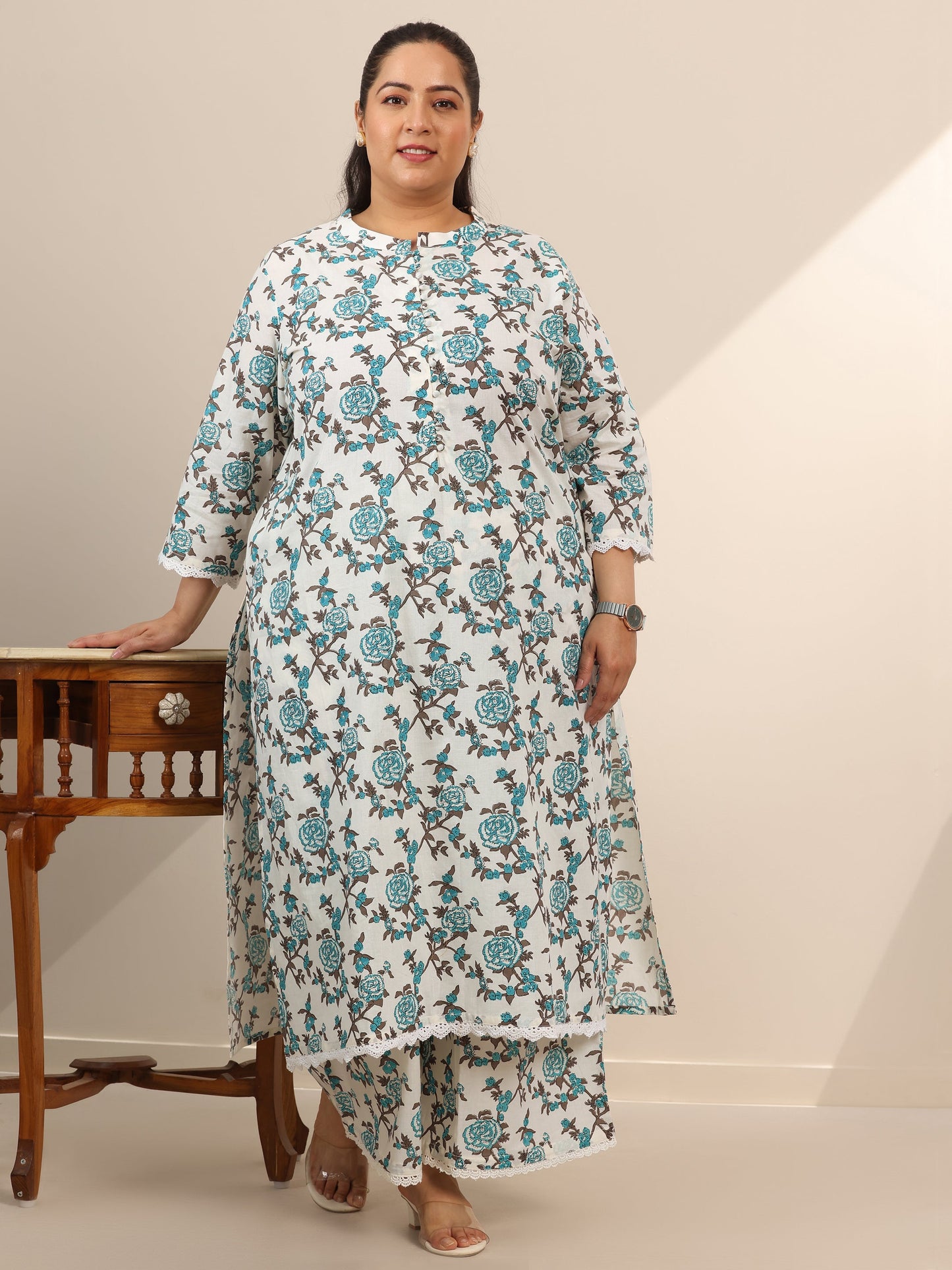 Plus Size Off White Printed Cotton Straight Kurta Set