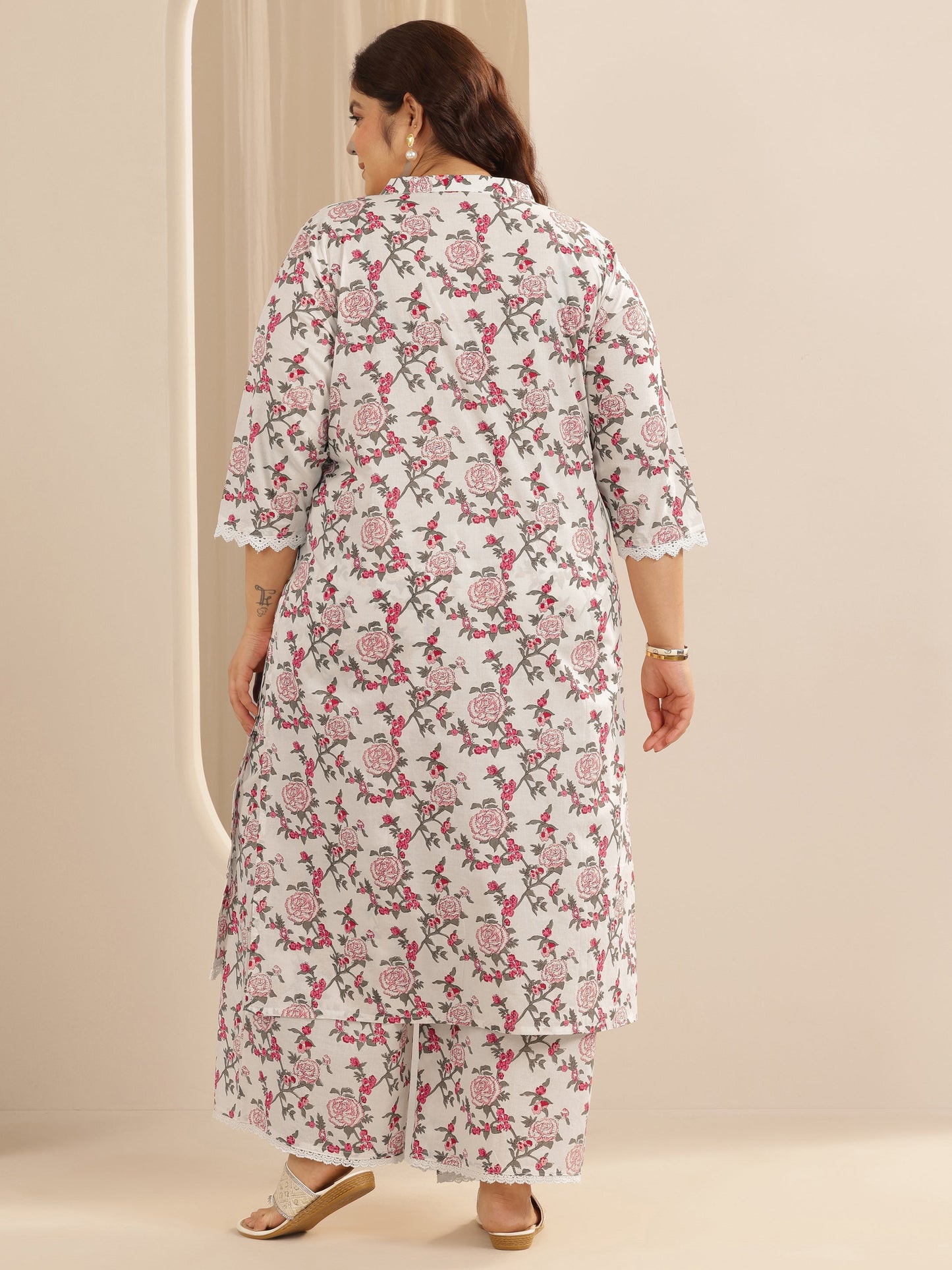 Plus Size Off White Printed Cotton Blend Straight Kurta Set