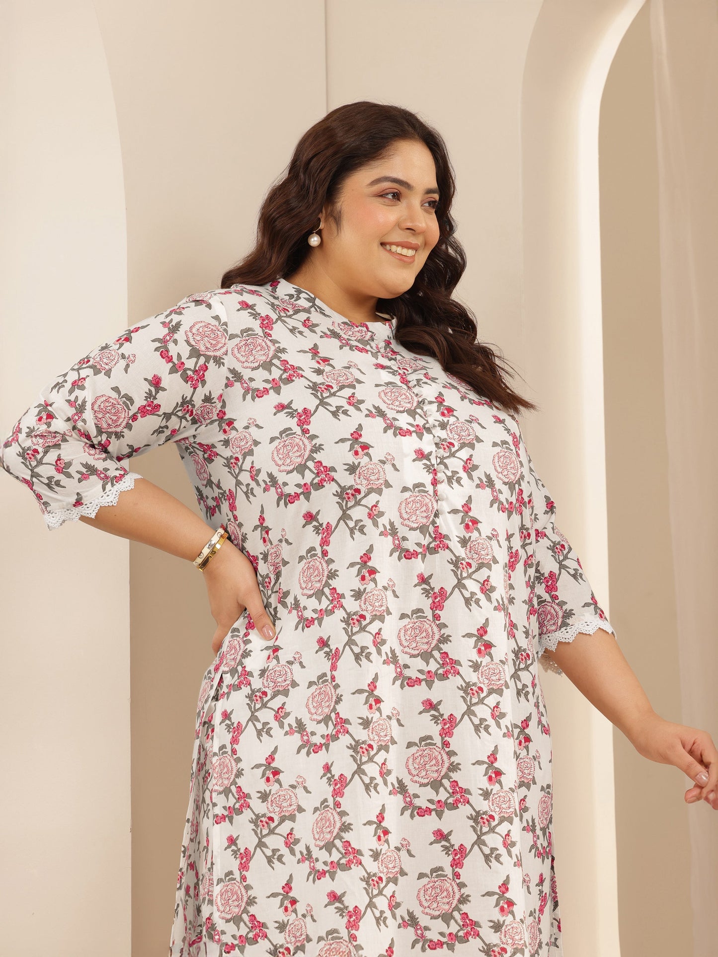 Plus Size Off White Printed Cotton Blend Straight Kurta Set