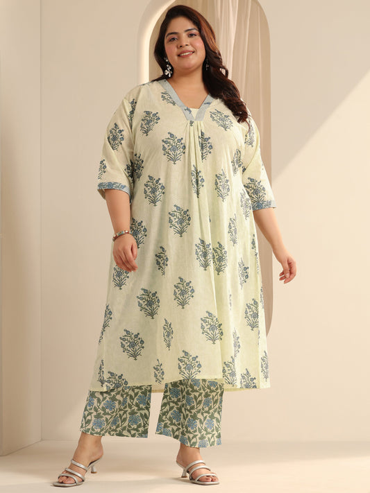 Plus Size Off White Printed Cotton Blend A-Line Kurta Set