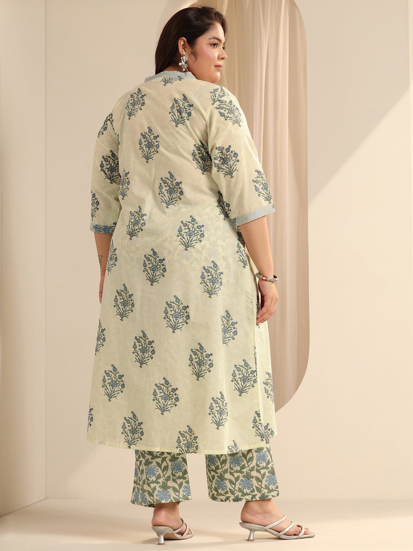 Plus Size Off White Printed Cotton Blend A-Line Kurta Set