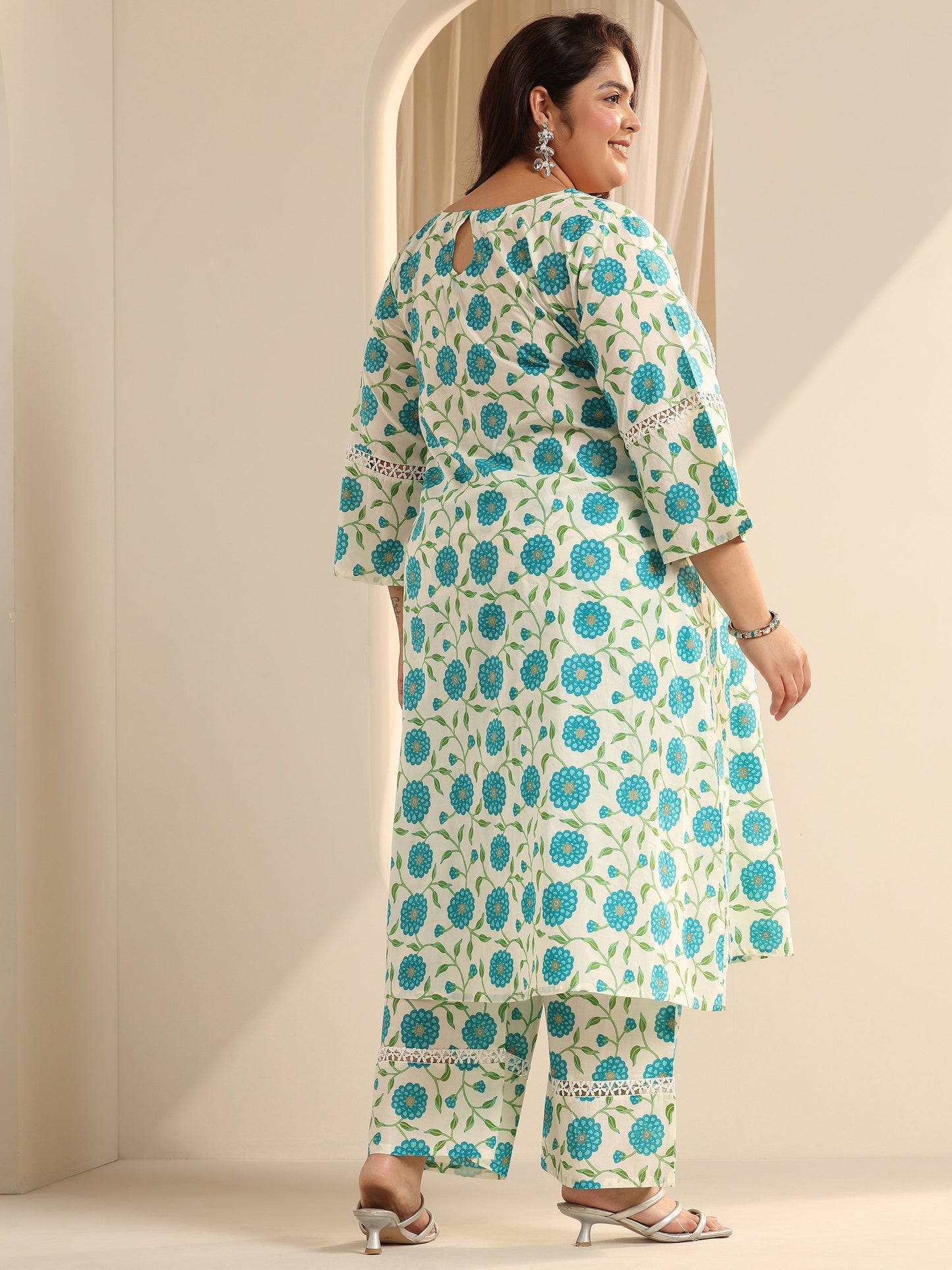 Plus Size Off White Printed Cotton Blend Straight Kurta Set