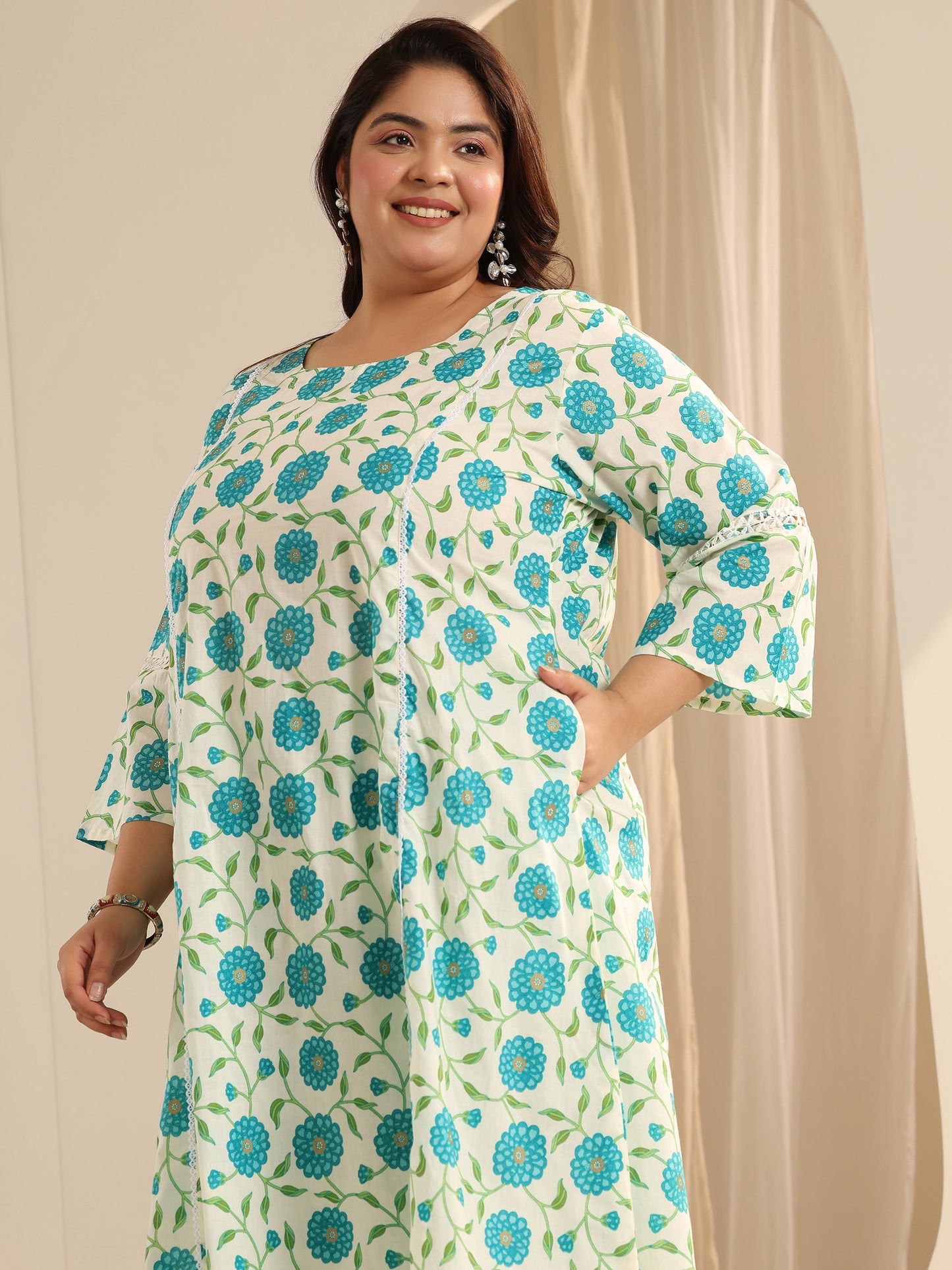 Plus Size Off White Printed Cotton Blend Straight Kurta Set