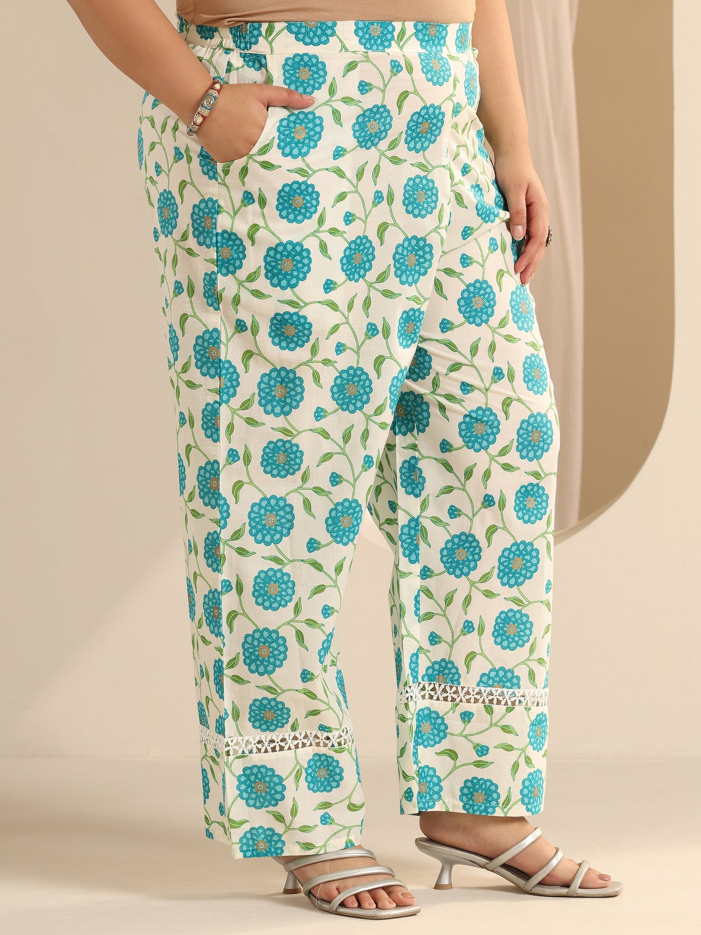 Plus Size Off White Printed Cotton Blend Straight Kurta Set