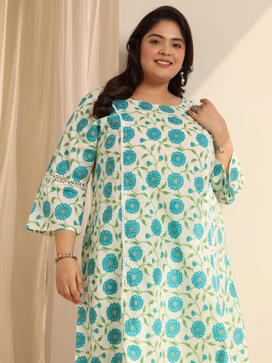Plus Size Off White Printed Cotton Blend Straight Kurta Set