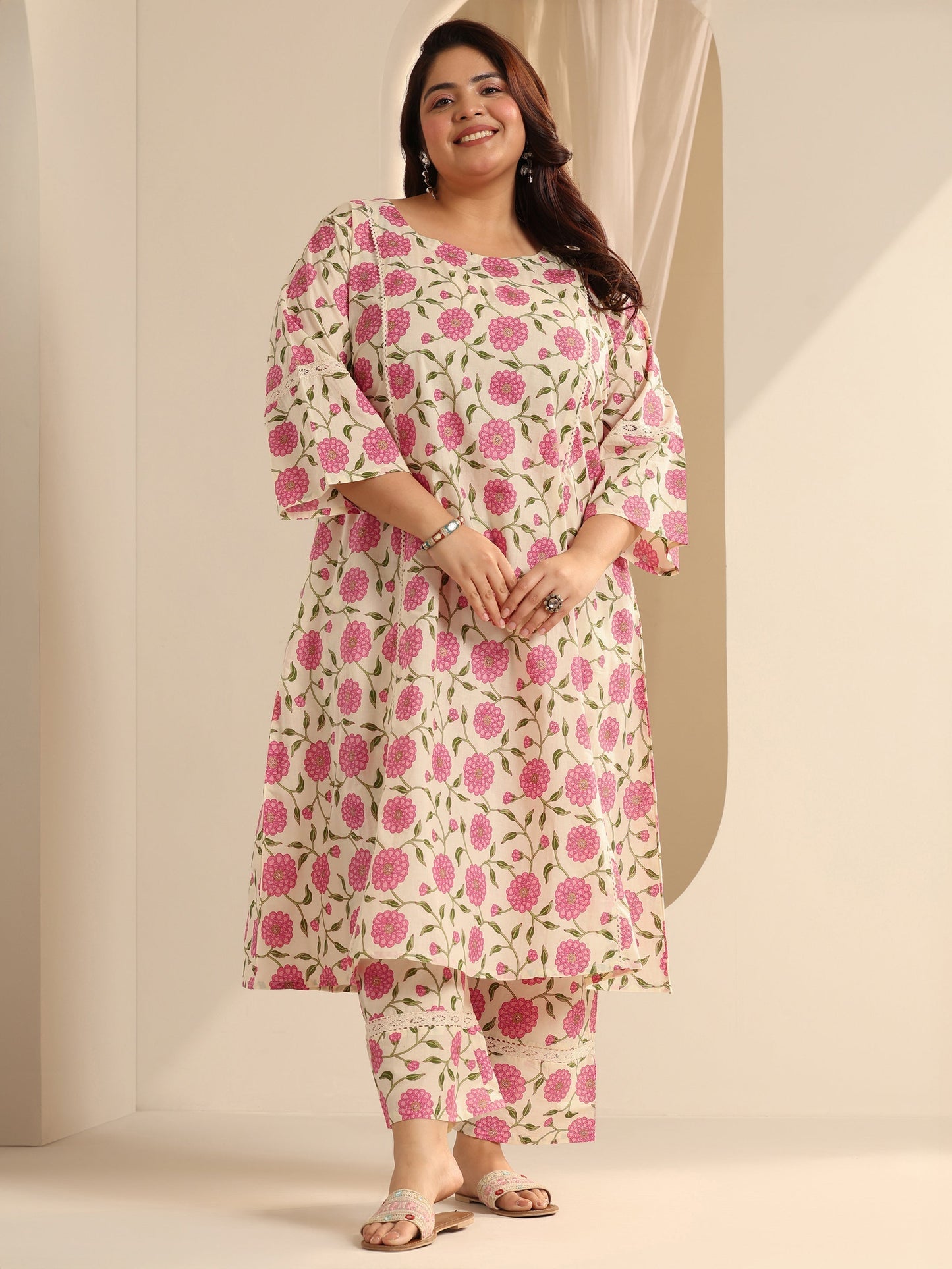 Plus Size Off White Printed Cotton Blend Straight Kurta Set