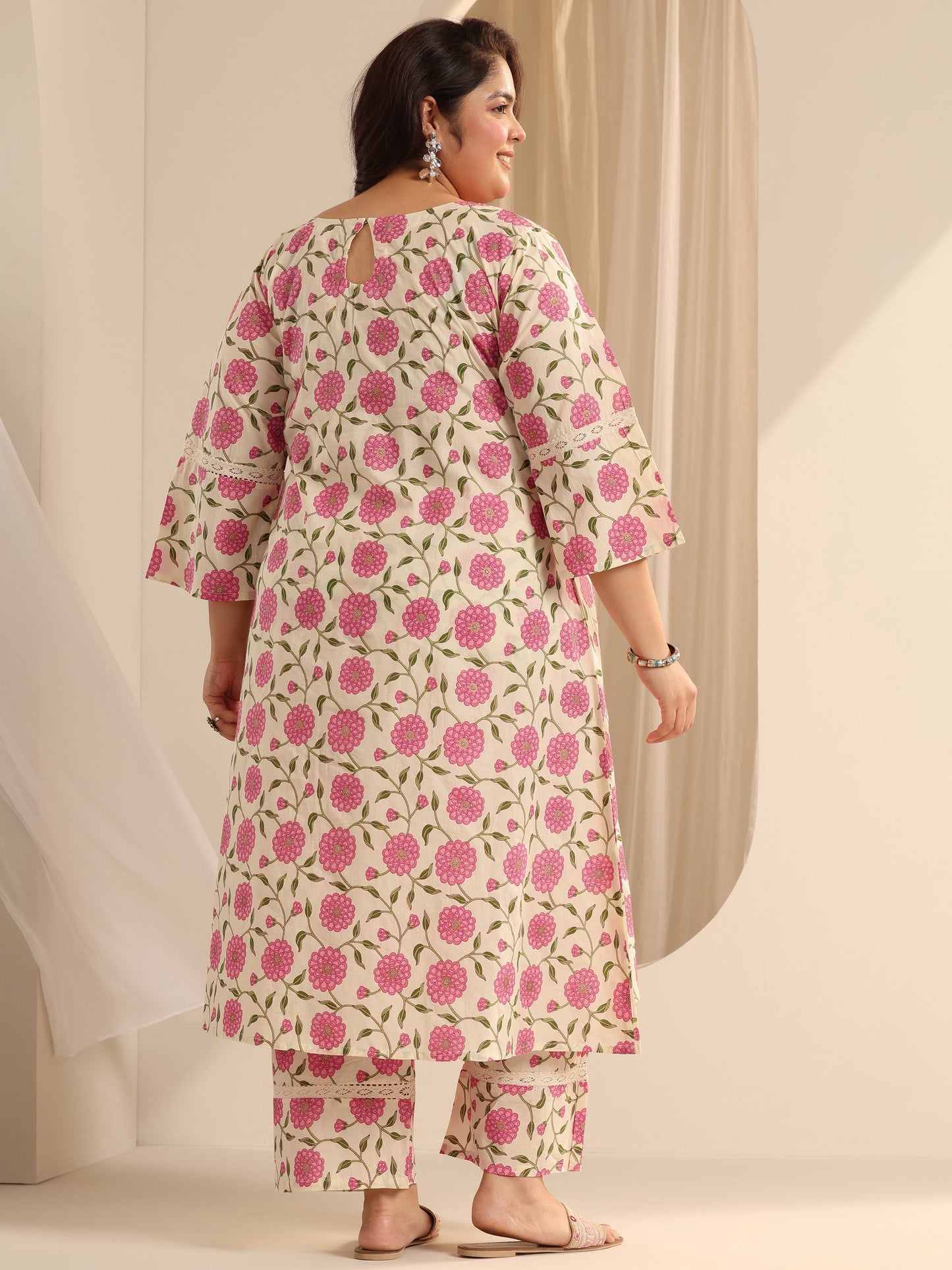 Plus Size Off White Printed Cotton Blend Straight Kurta Set