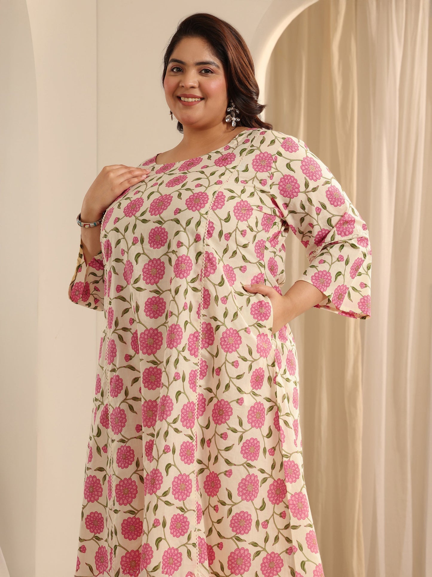 Plus Size Off White Printed Cotton Blend Straight Kurta Set