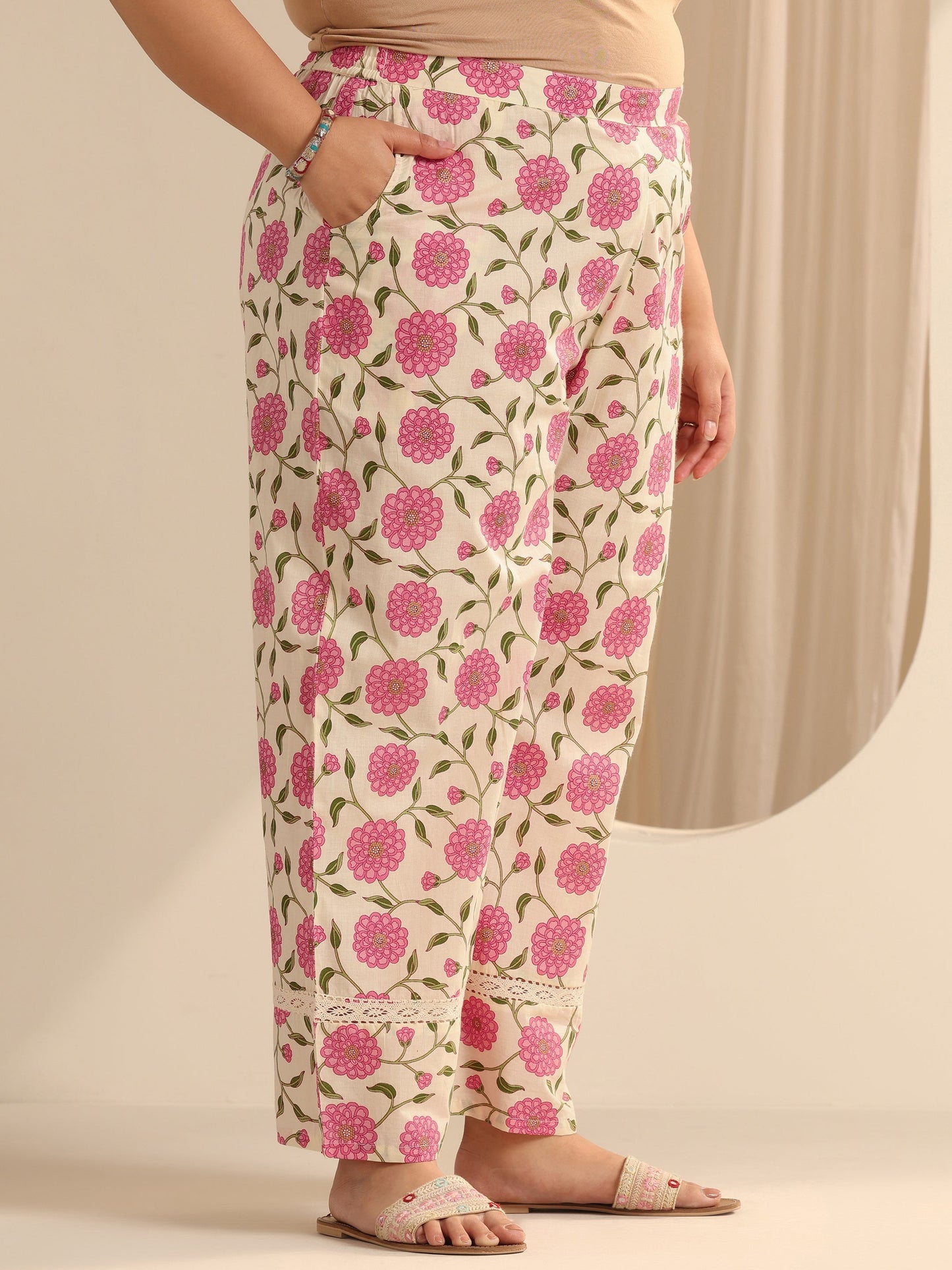 Plus Size Off White Printed Cotton Blend Straight Kurta Set