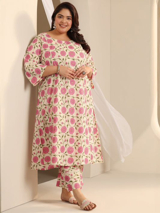Plus Size Off White Printed Cotton Blend Straight Kurta Set