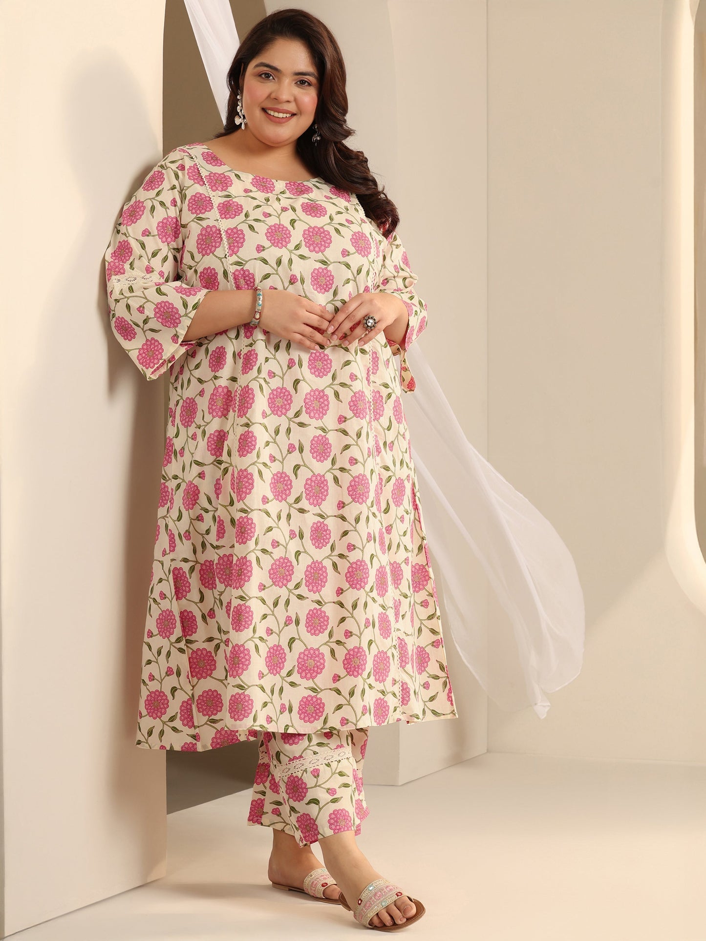 Plus Size Off White Printed Cotton Blend Straight Kurta Set