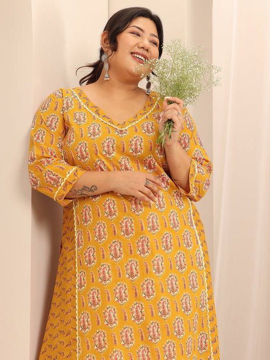 Plus Size Mustard Printed Cotton Straight Kurta Set