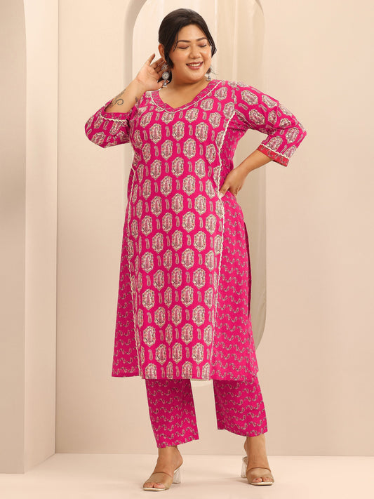 Plus Size Pink Printed Cotton Straight Kurta Set