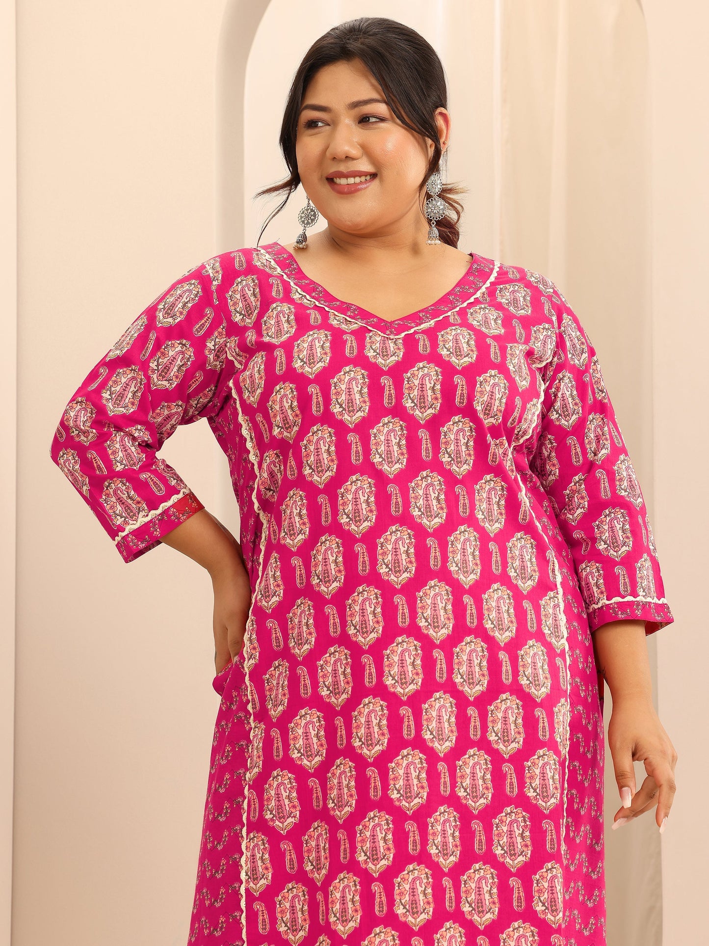 Plus Size Pink Printed Cotton Straight Kurta Set