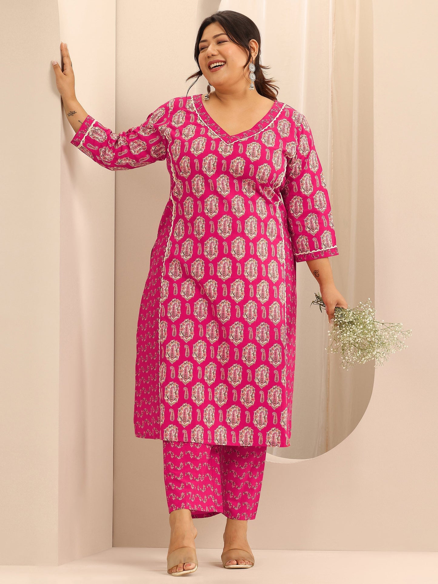 Plus Size Pink Printed Cotton Straight Kurta Set