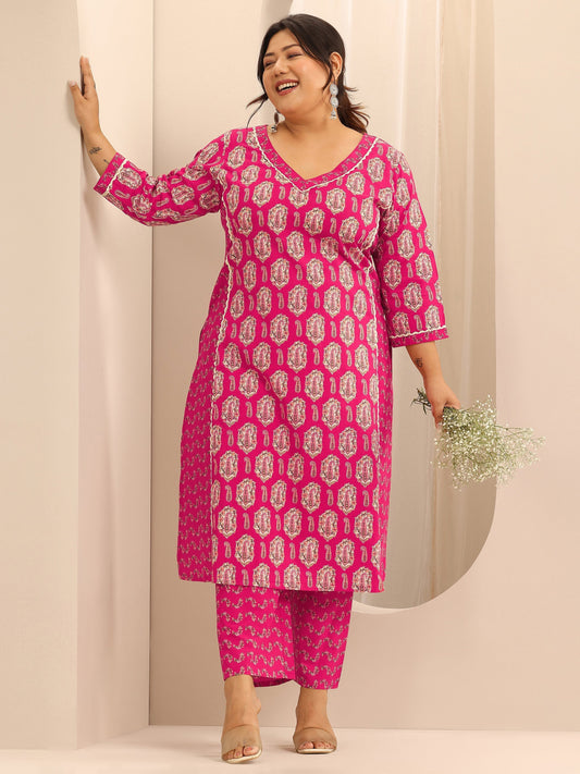 Plus Size Pink Printed Cotton Straight Kurta Set