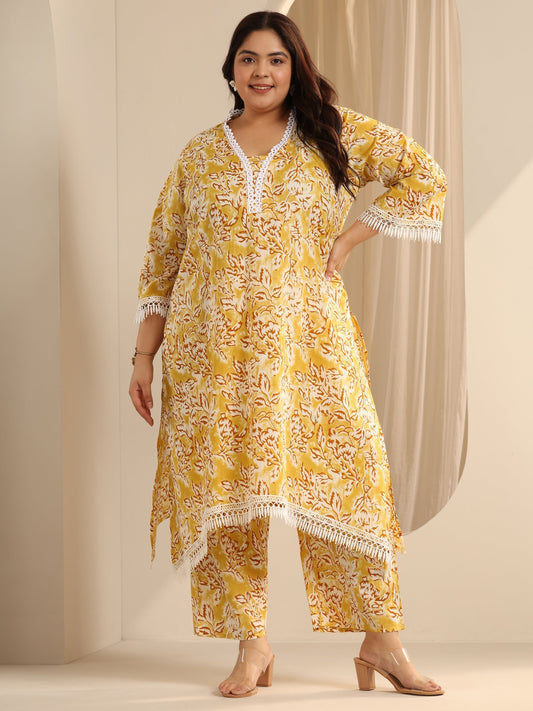 Plus Size Yellow Printed Cotton Blend Straight Kurta Set