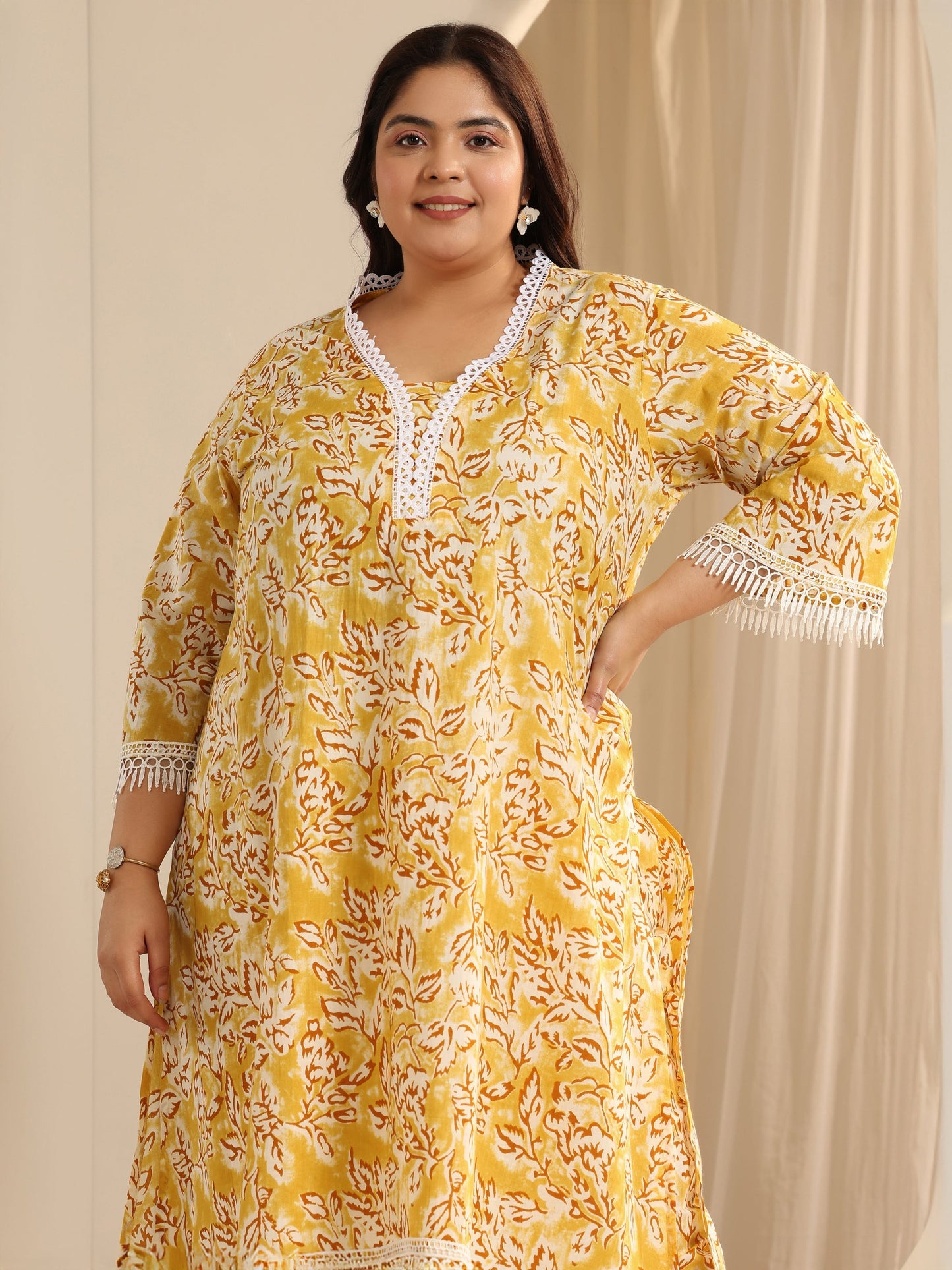 Plus Size Yellow Printed Cotton Blend Straight Kurta Set