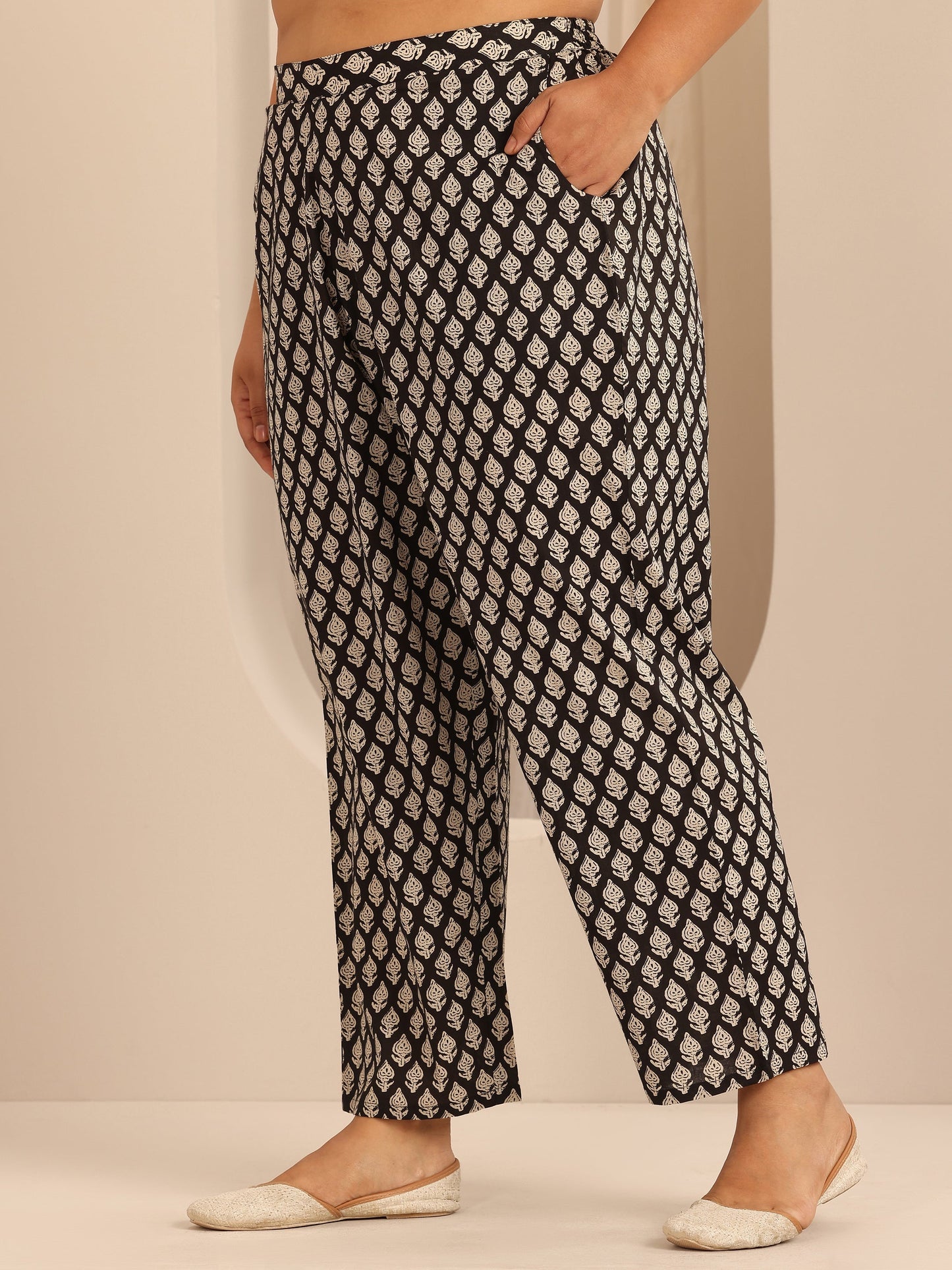 Plus Size Black Printed Cotton Straight Kurta Set