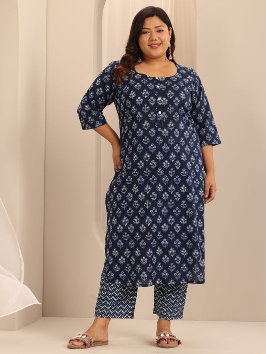 Plus Size Blue Printed Cotton Straight Kurta Set