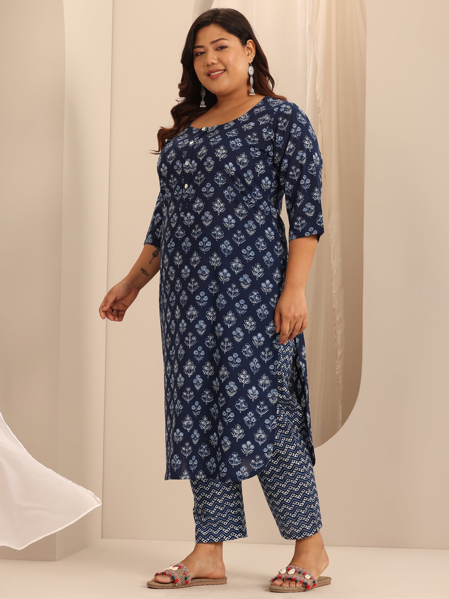 Plus Size Blue Printed Cotton Straight Kurta Set