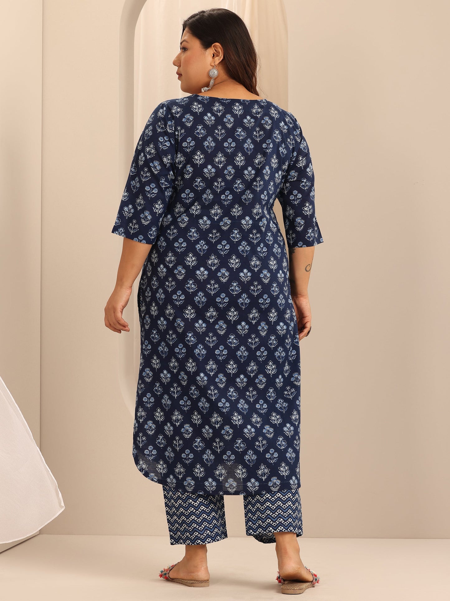 Plus Size Blue Printed Cotton Straight Kurta Set