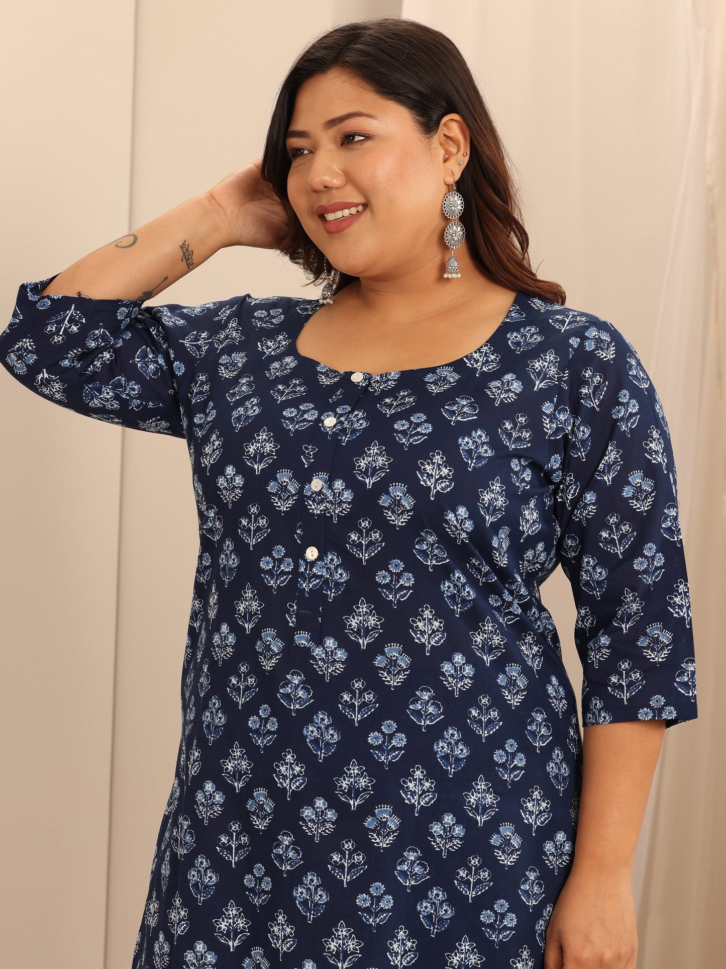 Plus Size Blue Printed Cotton Straight Kurta Set