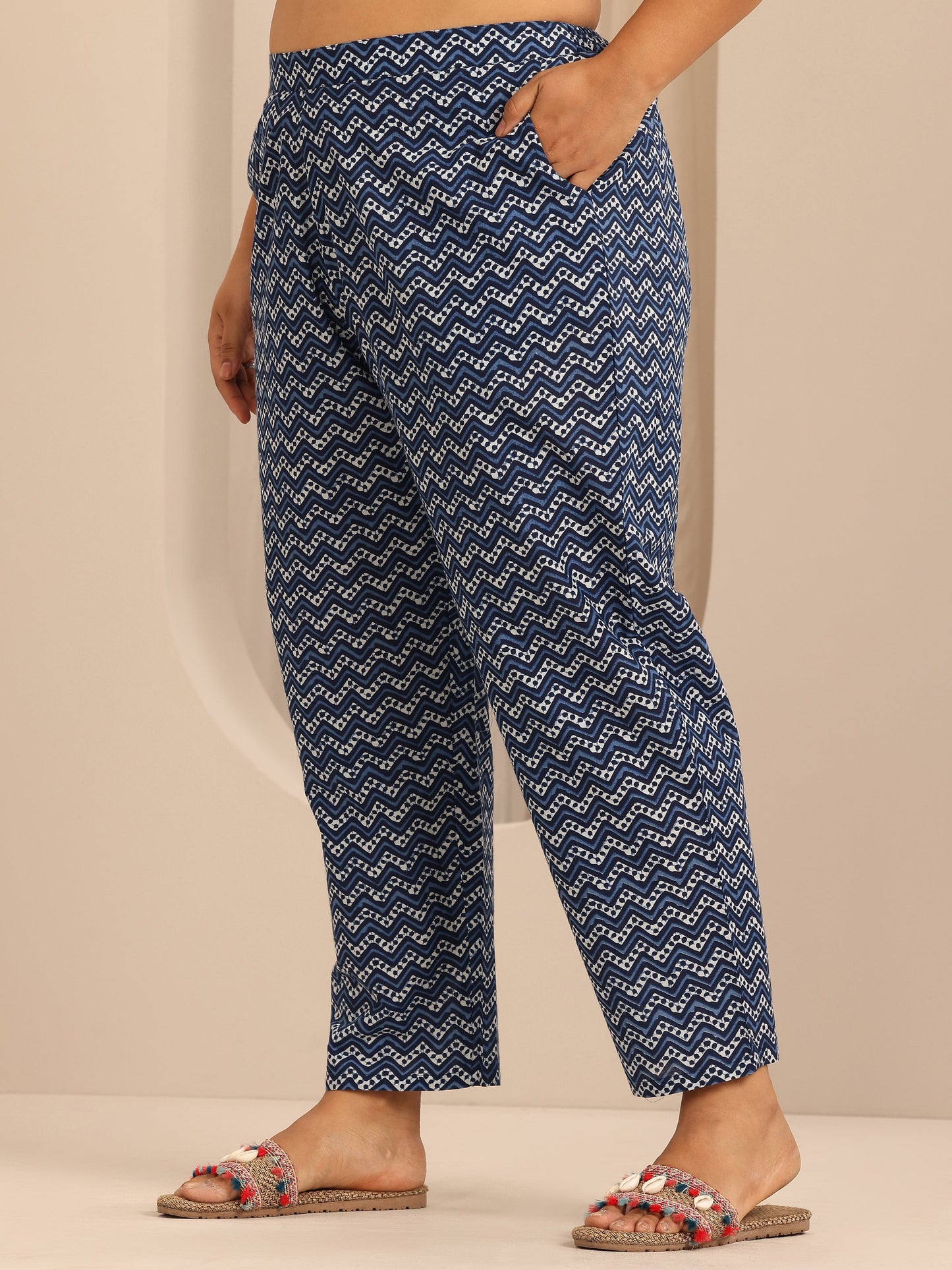 Plus Size Blue Printed Cotton Straight Kurta Set