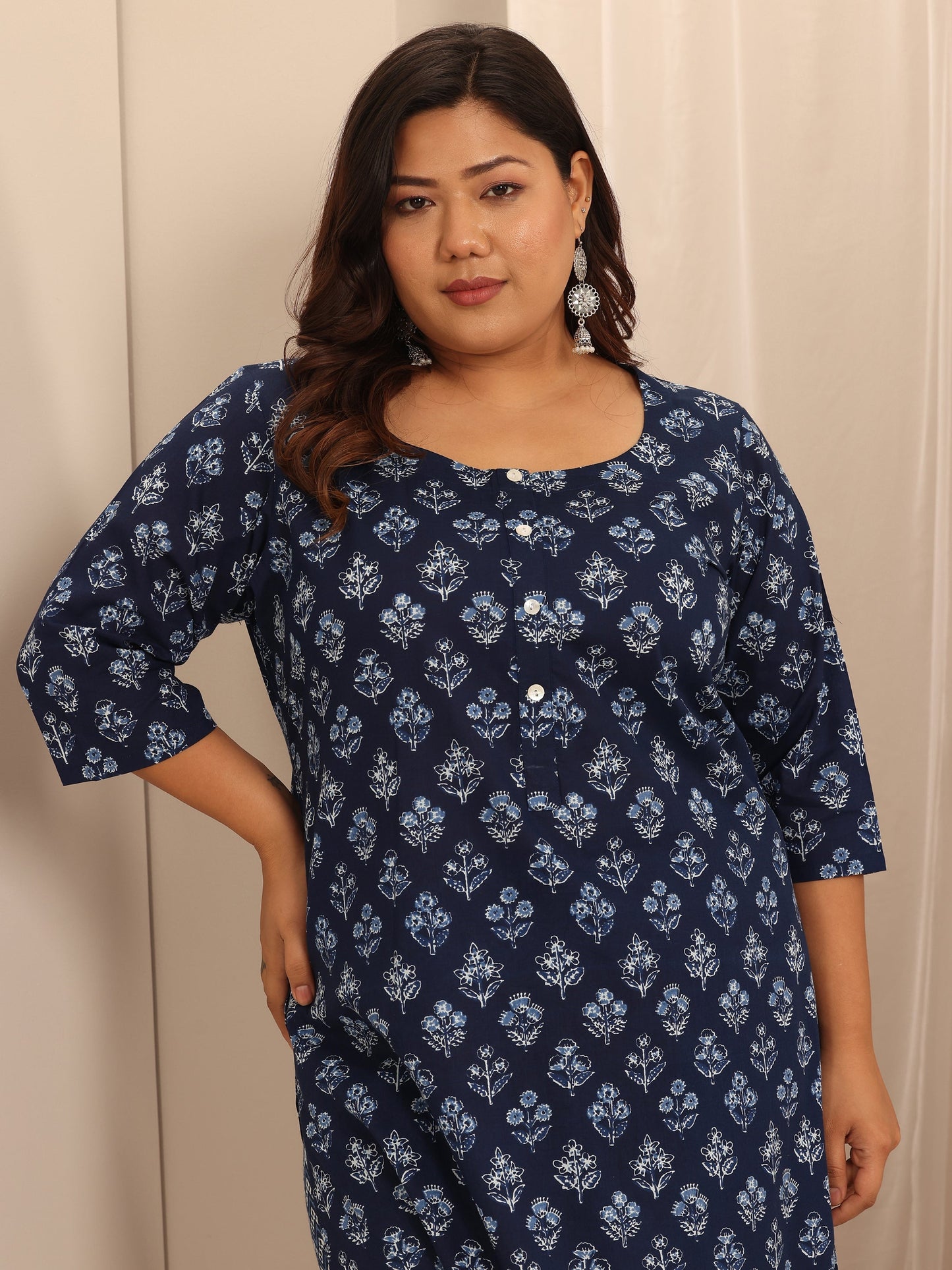 Plus Size Blue Printed Cotton Straight Kurta Set