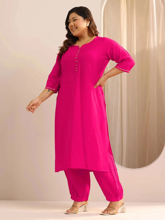 Plus Size Pink Solid Silk Blend Straight Suit Set With Dupatta