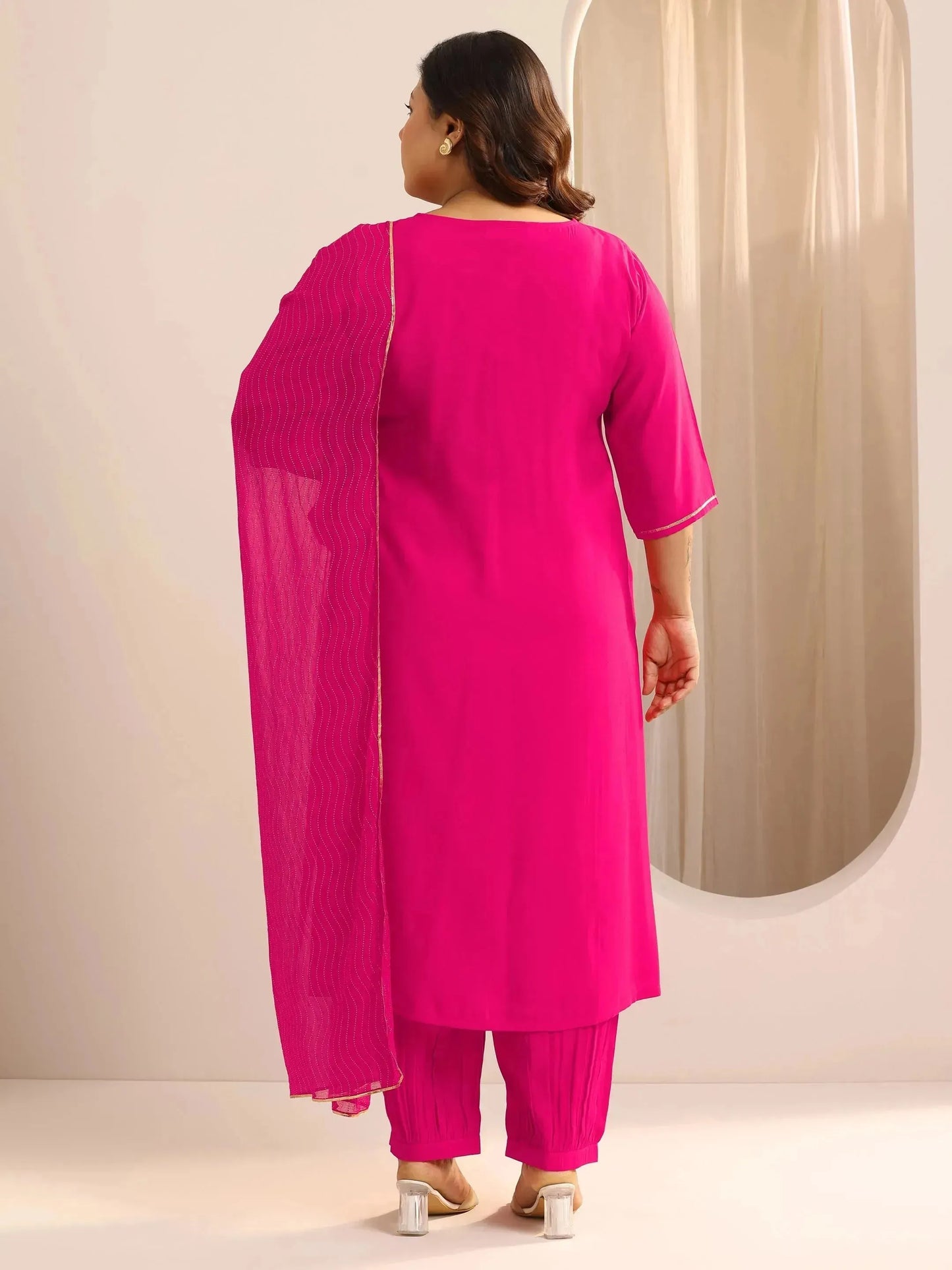 Plus Size Pink Solid Silk Blend Straight Suit Set With Dupatta