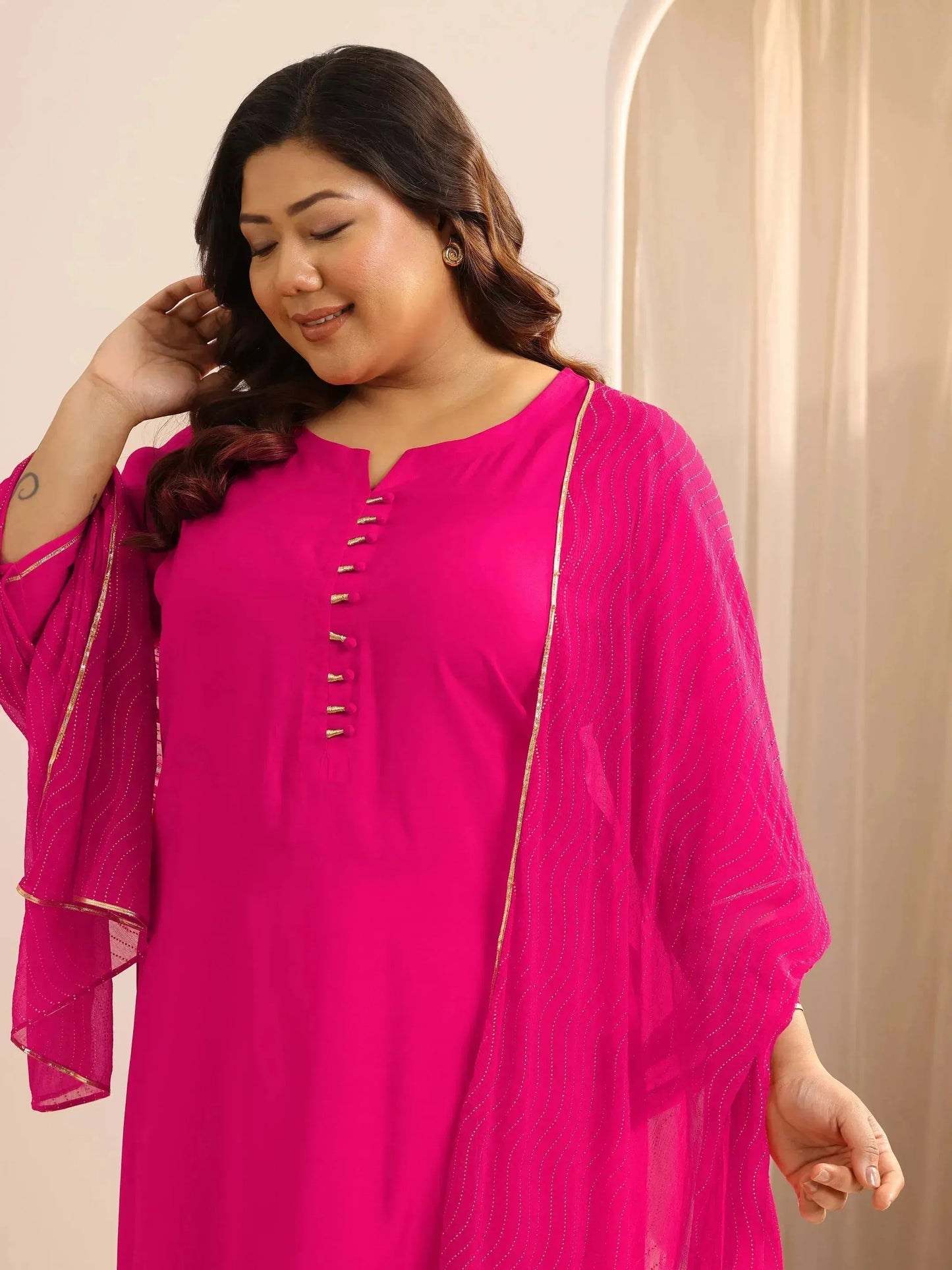 Plus Size Pink Solid Silk Blend Straight Suit Set With Dupatta