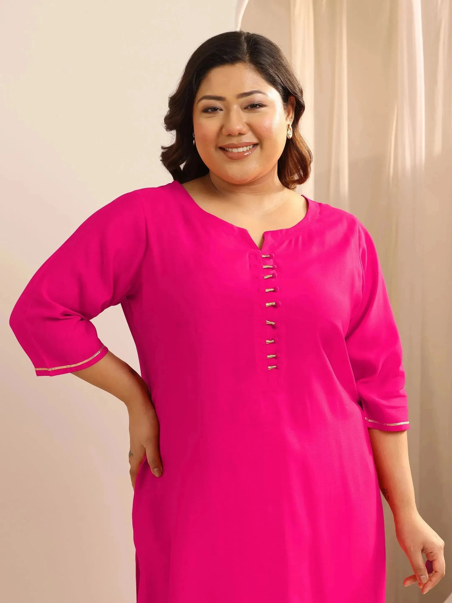 Plus Size Pink Solid Silk Blend Straight Suit Set With Dupatta