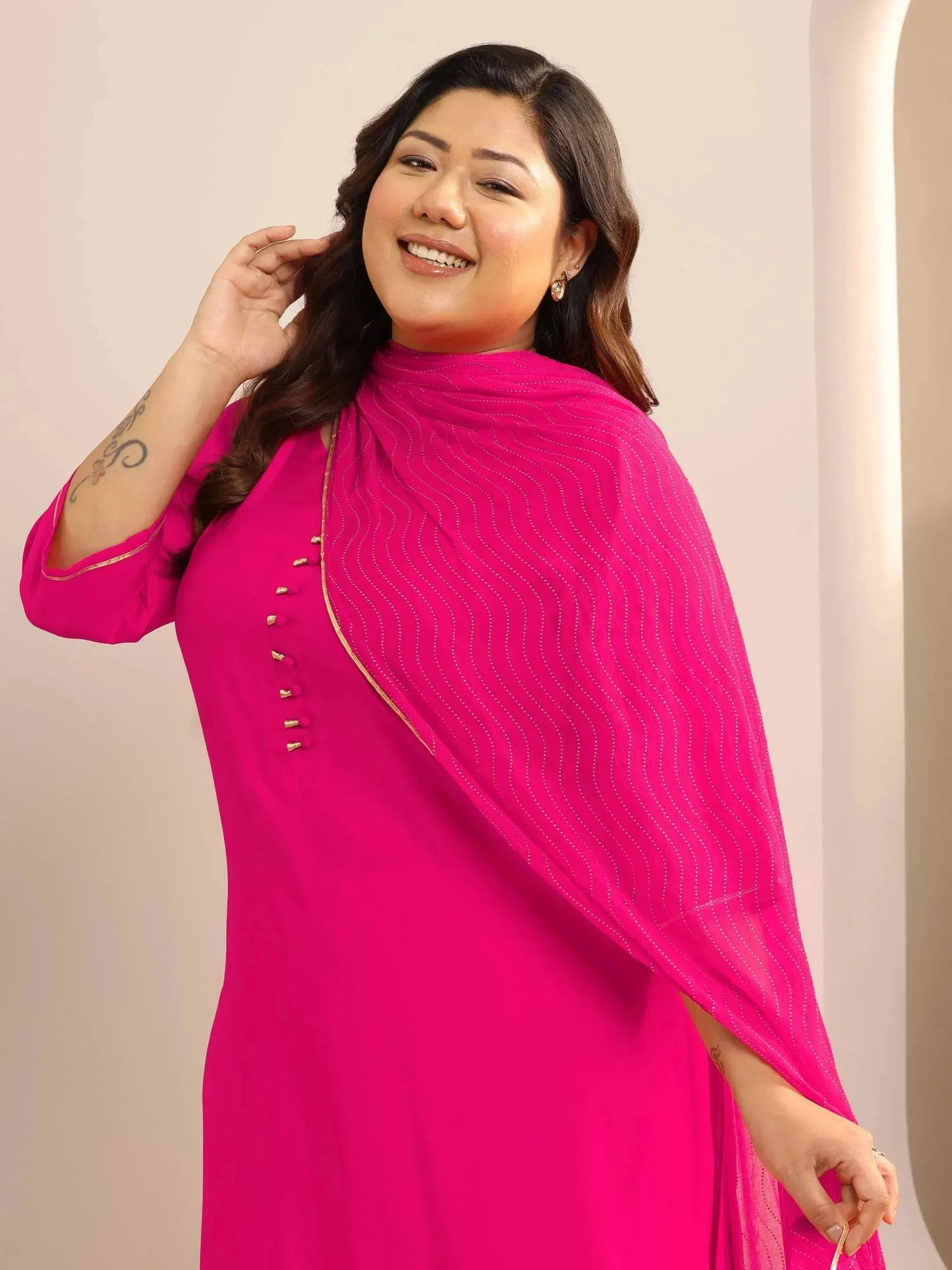 Plus Size Pink Solid Silk Blend Straight Suit Set With Dupatta
