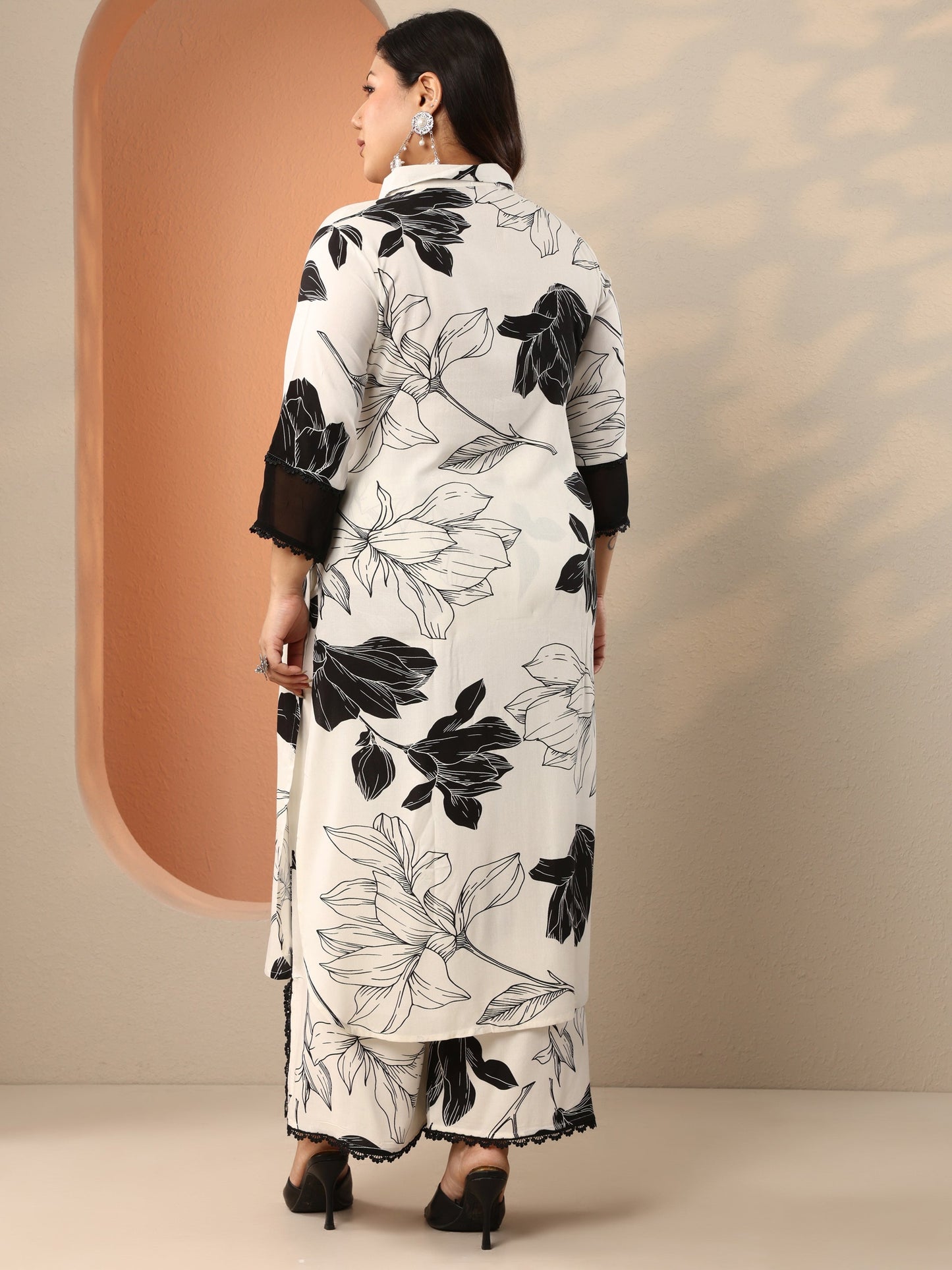 Plus Size Off White Printed Viscose Straight Kurta Set