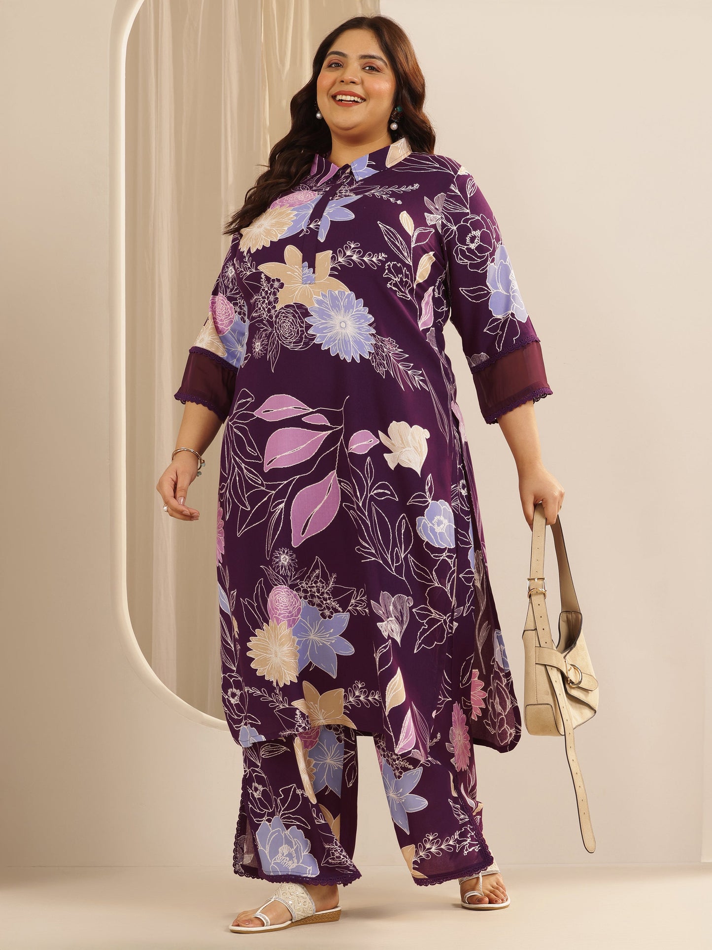 Plus Size Burgundy Printed Viscose Straight Kurta Set