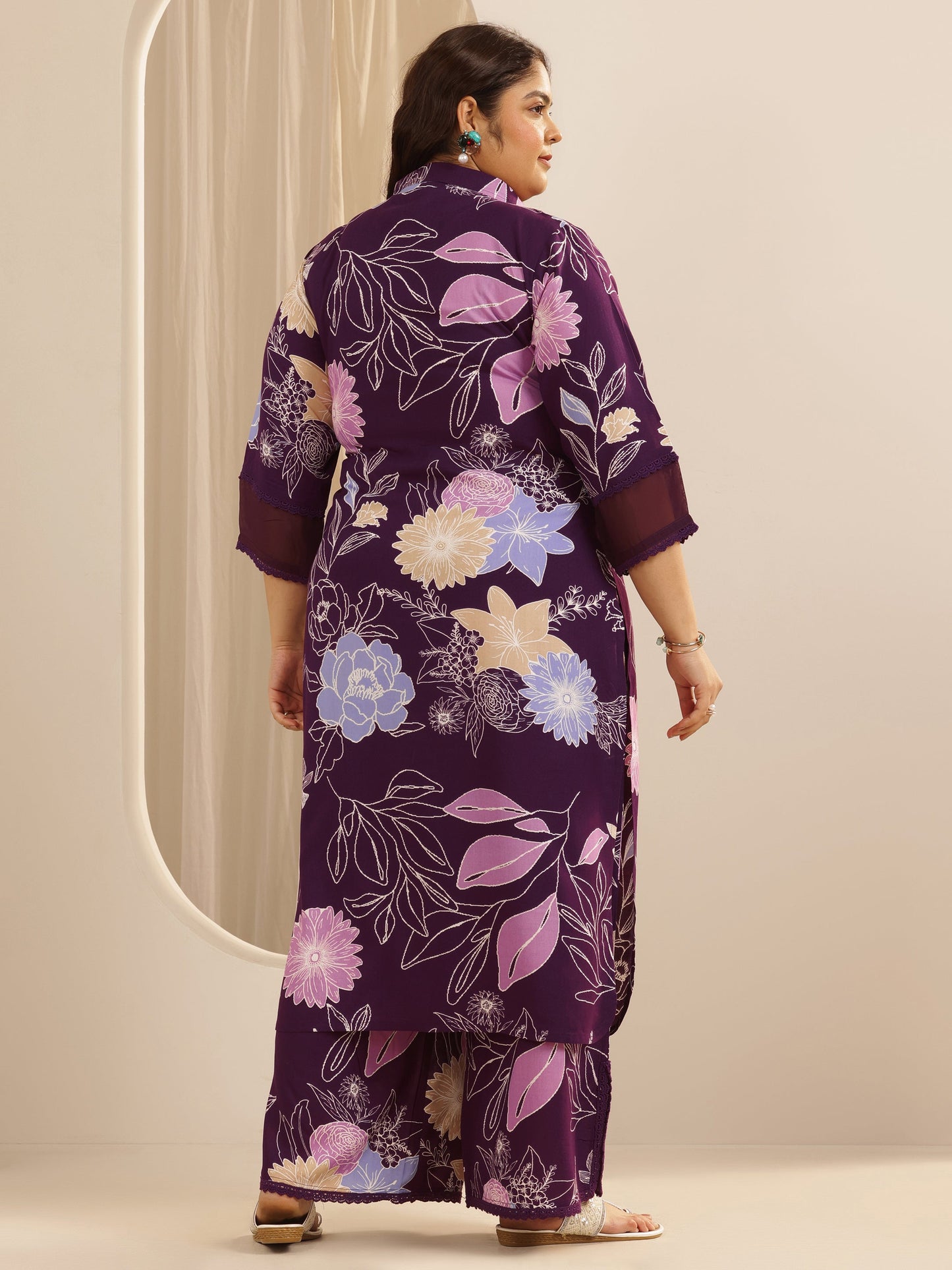 Plus Size Burgundy Printed Viscose Straight Kurta Set