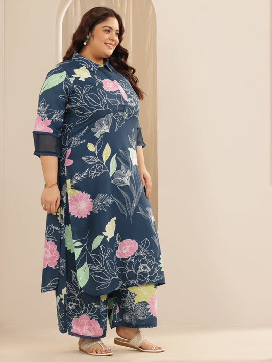 Plus Size Blue Printed Viscose Straight Kurta Set