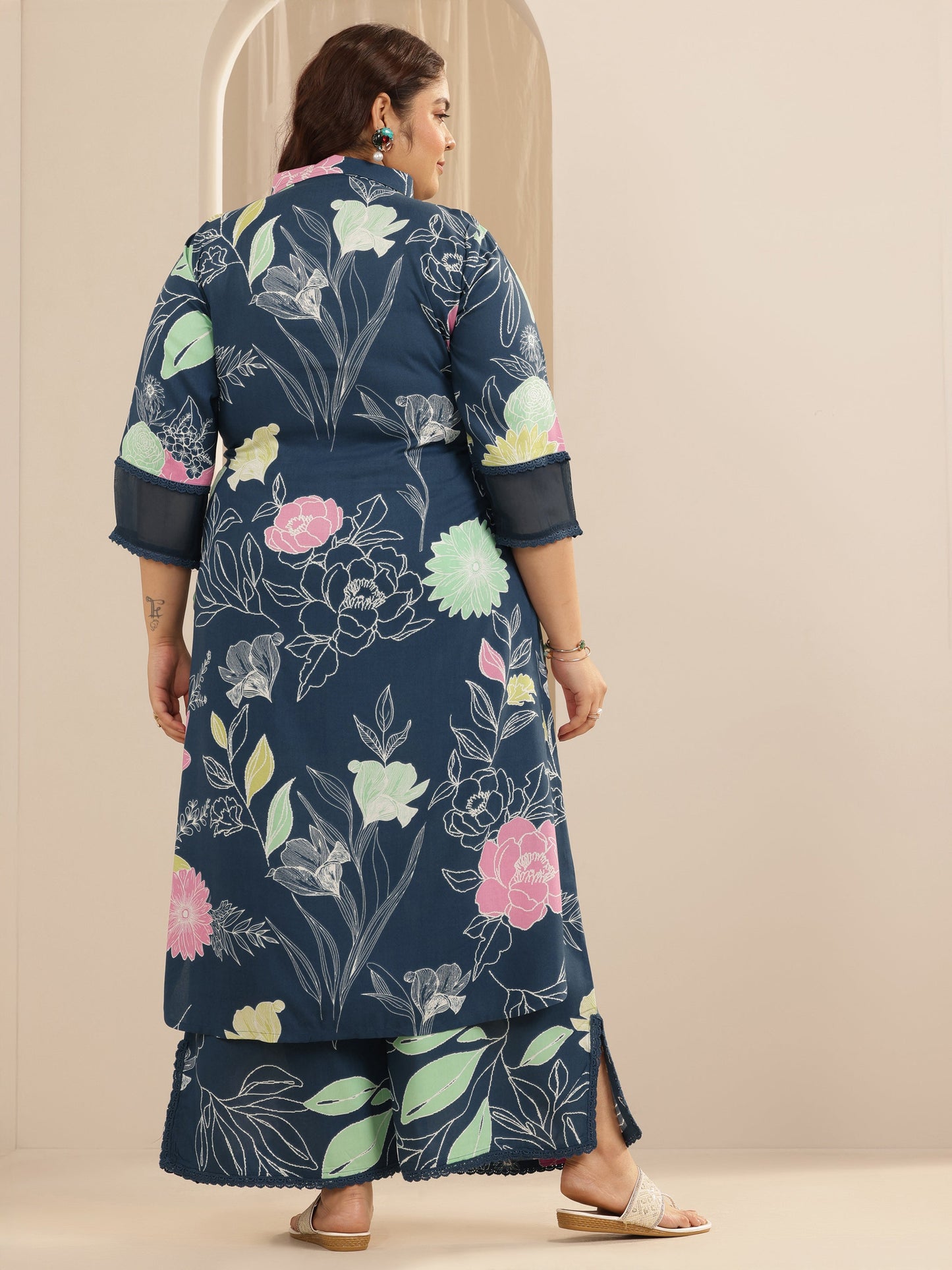 Plus Size Blue Printed Viscose Straight Kurta Set