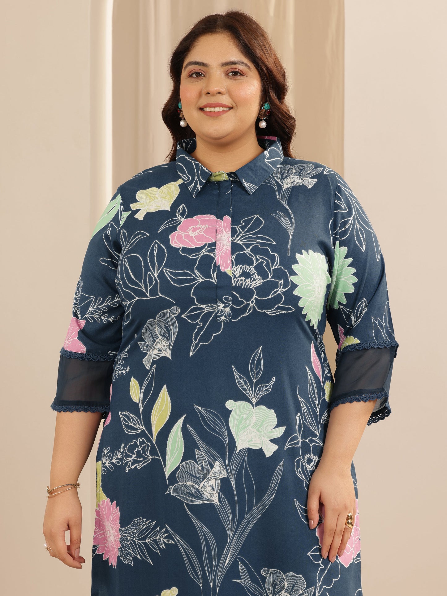 Plus Size Blue Printed Viscose Straight Kurta Set