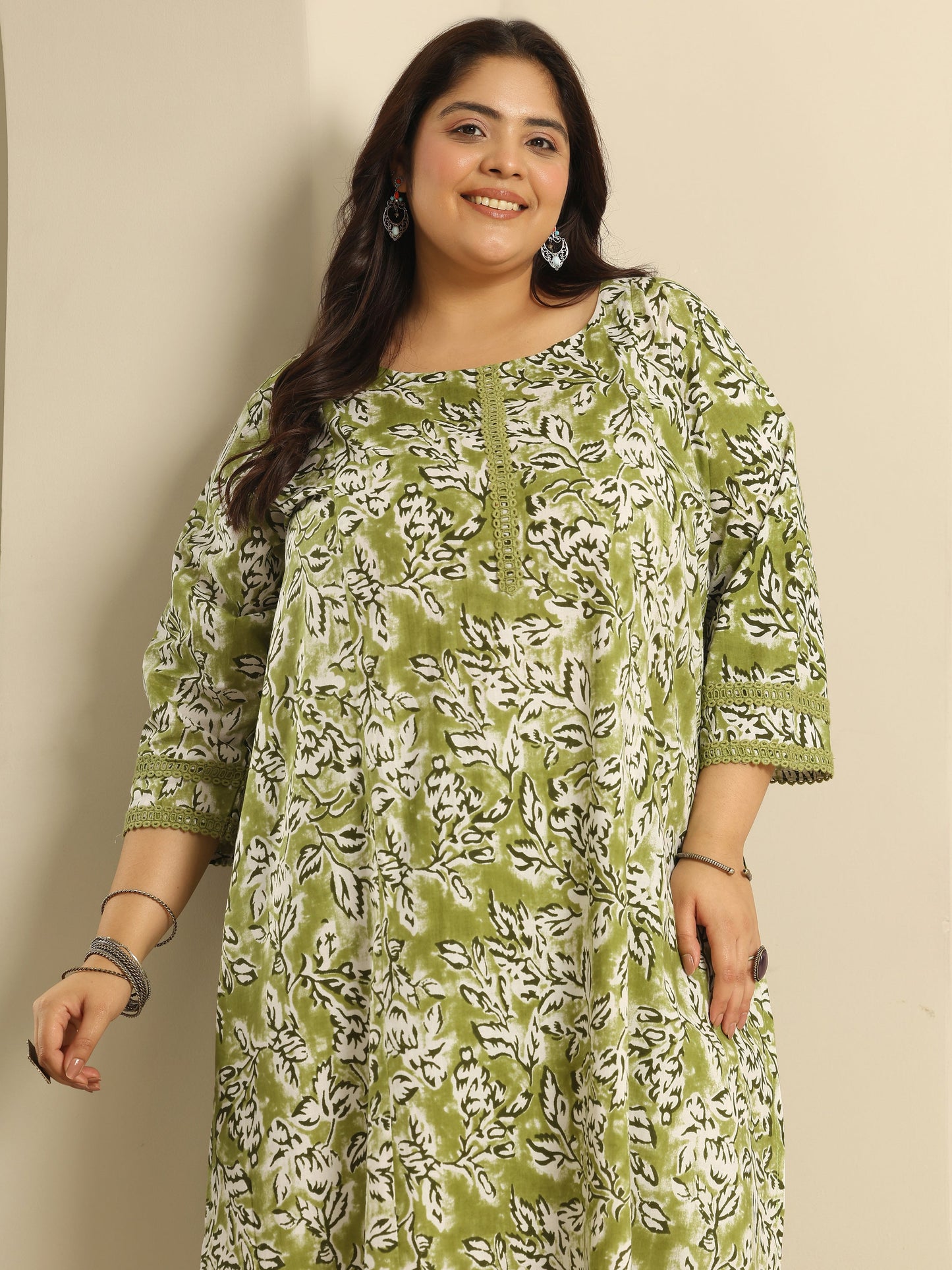 Plus Size Green Printed Cotton Straight Kurta Set