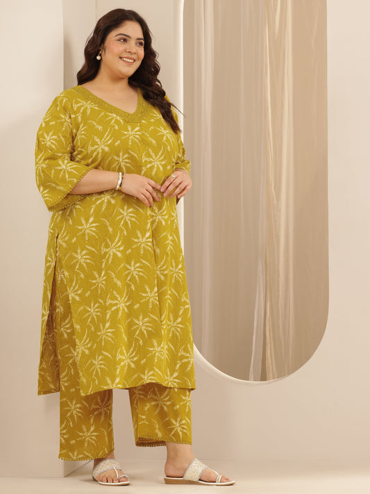 Plus Size Yellow Printed Cotton Straight Kurta Set
