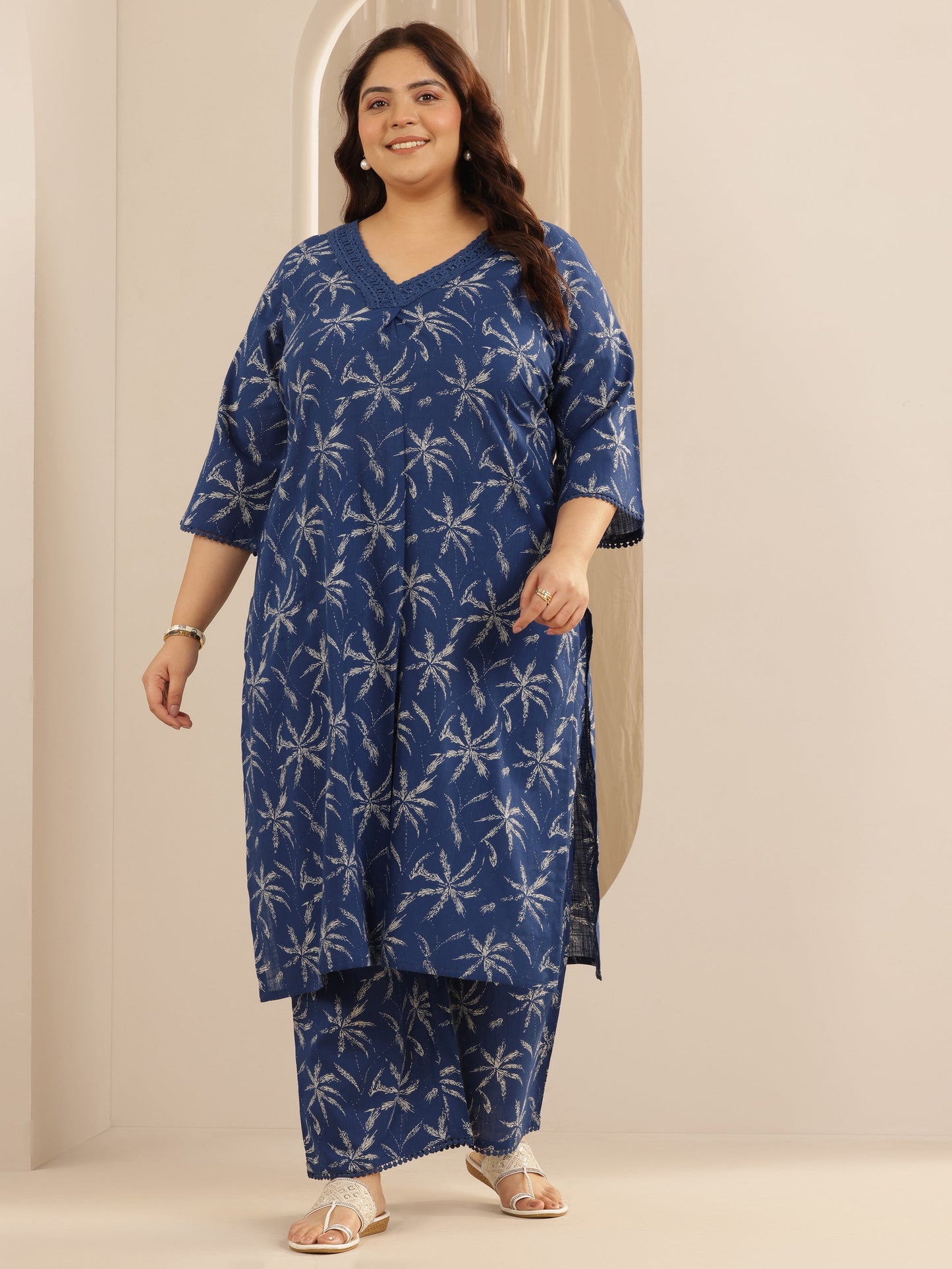 Plus Size Blue Printed Cotton Straight Kurta Set
