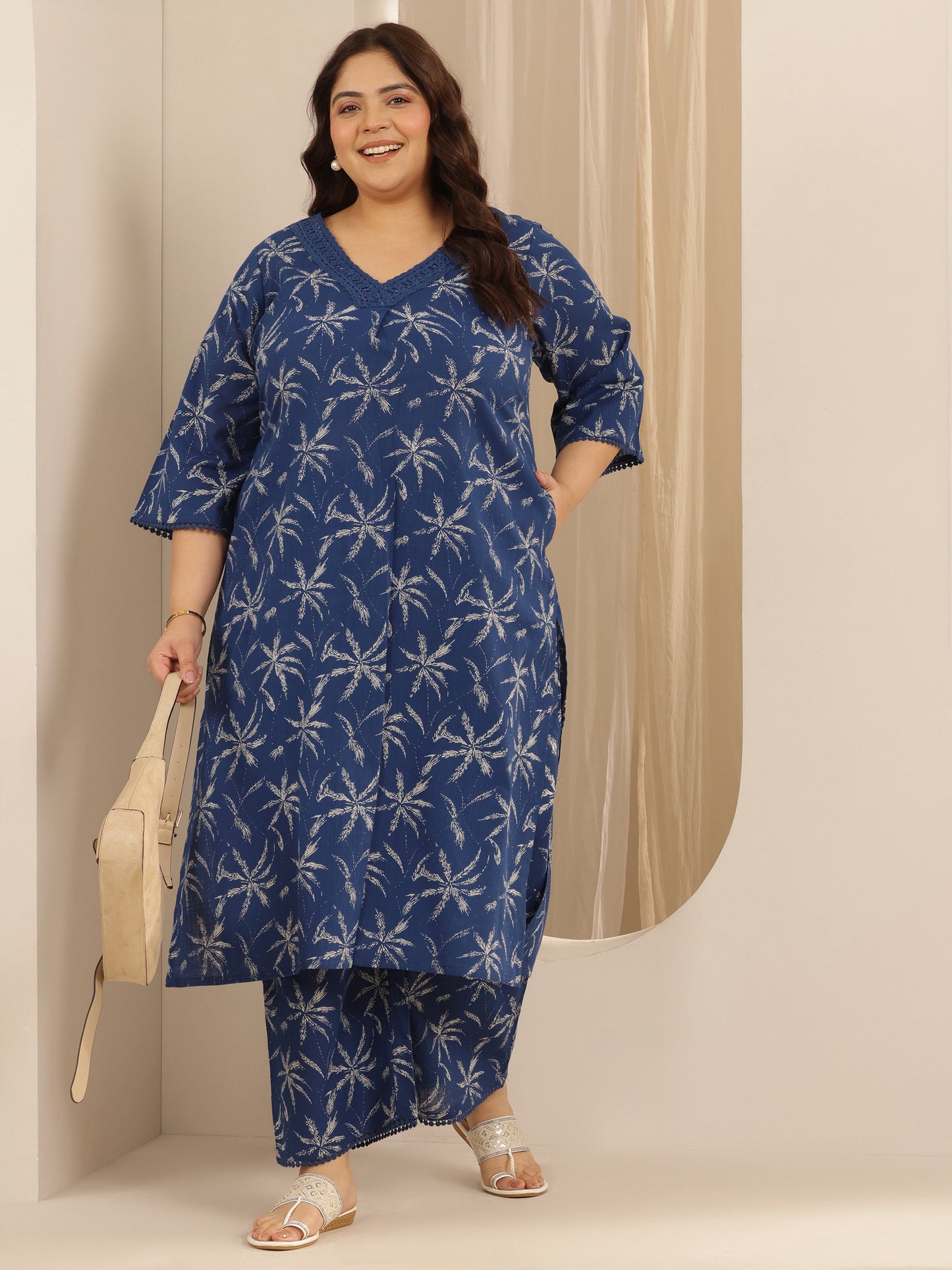 Plus Size Blue Printed Cotton Straight Kurta Set