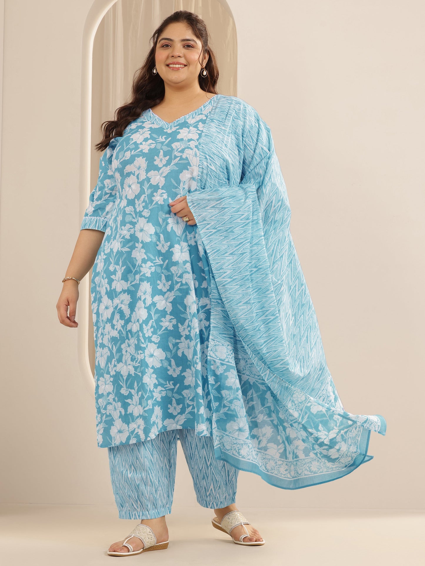 Plus Size Blue Printed Cotton Straight Suit Set With Dupatta